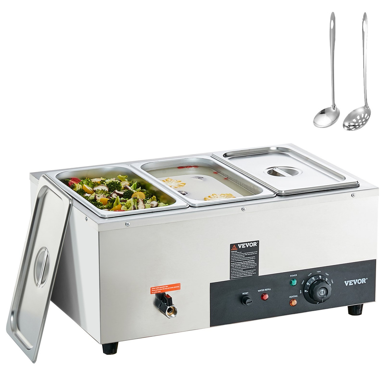 3-Pan Commercial Food Warmer, 3 x 8QT Electric Steam Table, 1500W Professional Countertop Stainless Steel Buffet Bain Marie with 86-185°F Temp Control for Catering and Restaurants, Silver