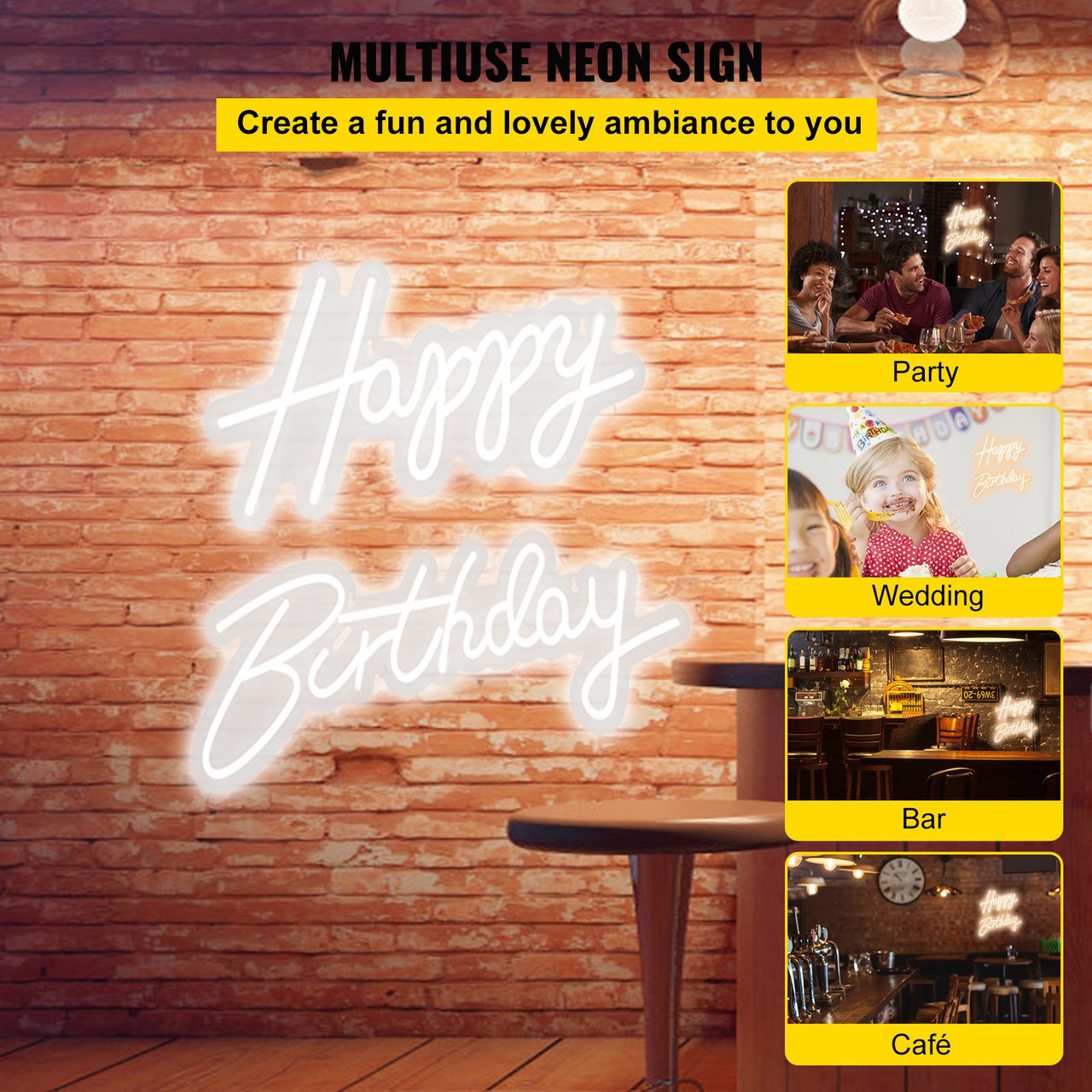 Happy Birthday Neon Sign, 16.5" x 8" + 23" x 8" LED Neon Lights Signs, Adjustable Brightness w/ Remote Control and Power Adapter, Reusable for Party, Club, Celebration and Decoration White