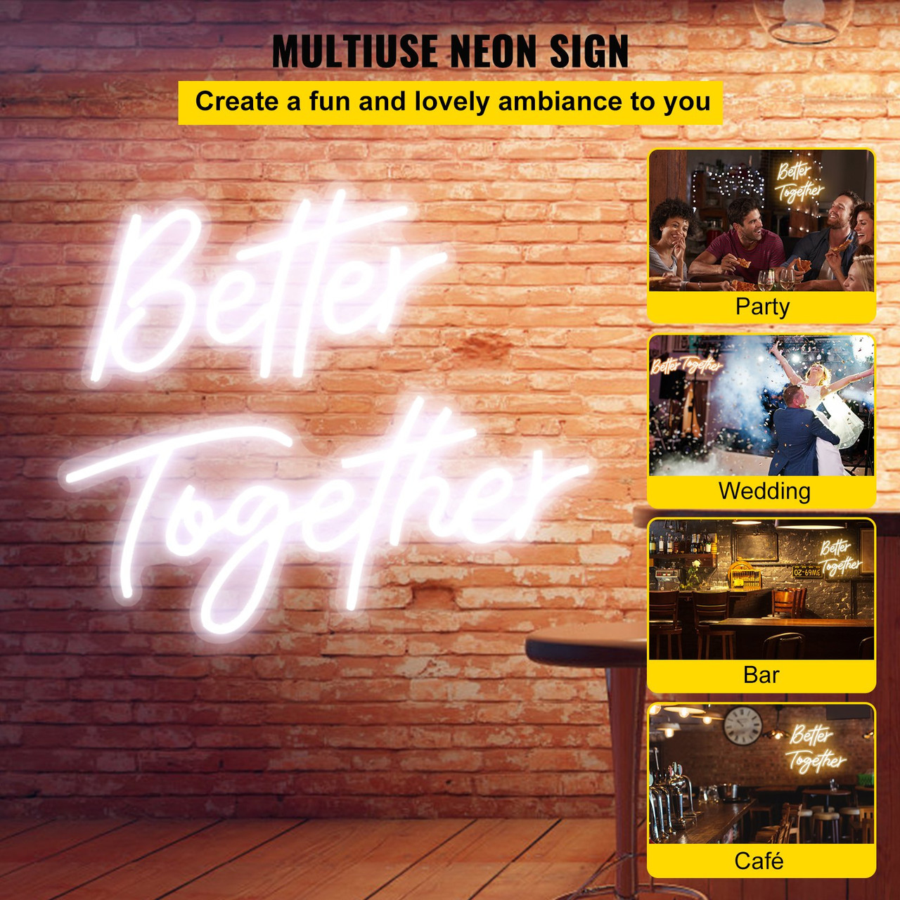 VEVOR Better Together Neon Sign, 24" x 10" + 17" x 9" White LED lights Sign, Adjustable Brightness with Dimmer Switch and 12V Power Adapter, Used for Home, Party, Wedding, and Bar Decoration