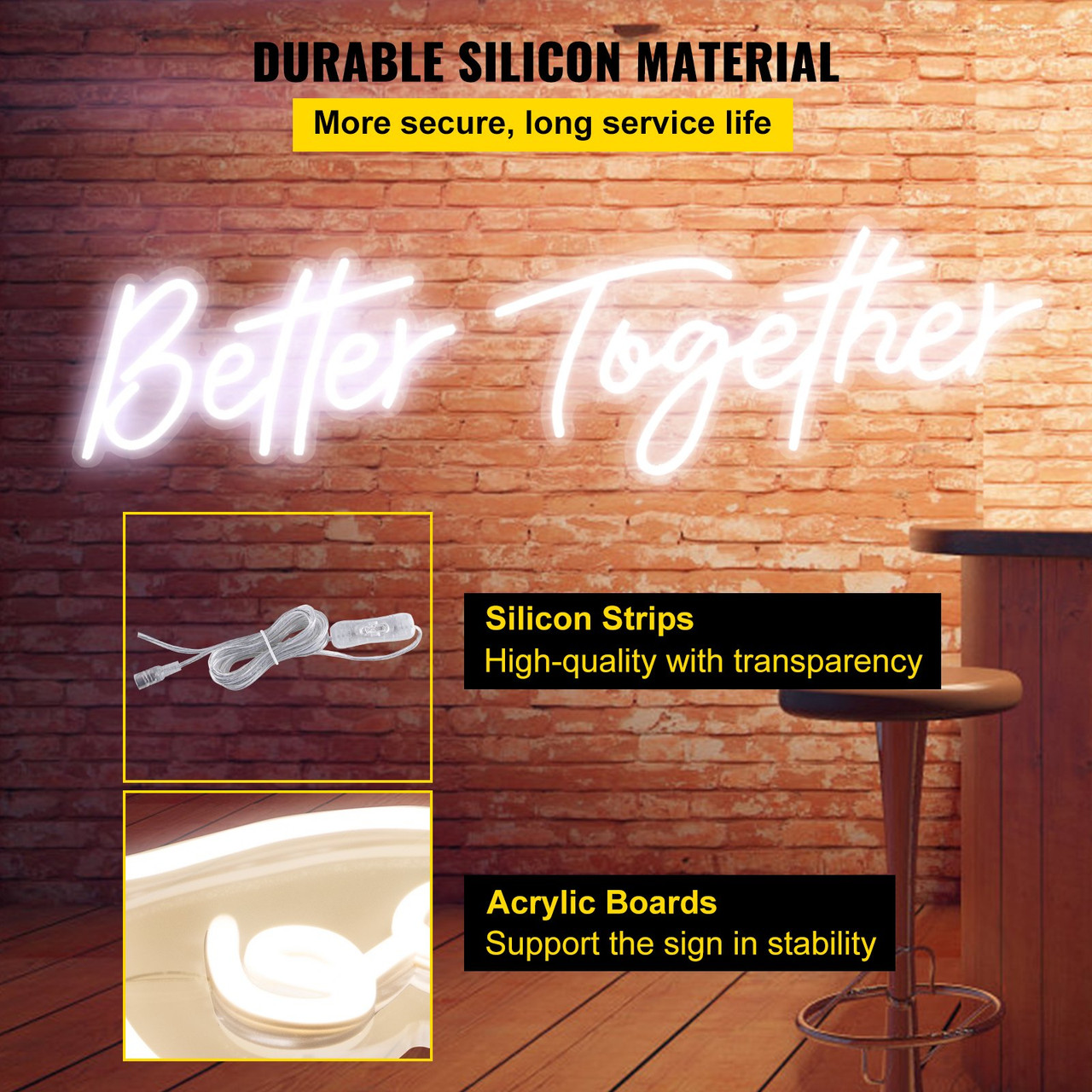 VEVOR Better Together Neon Sign, 24" x 10" + 17" x 9" White LED lights Sign, Adjustable Brightness with Dimmer Switch and 12V Power Adapter, Used for Home, Party, Wedding, and Bar Decoration