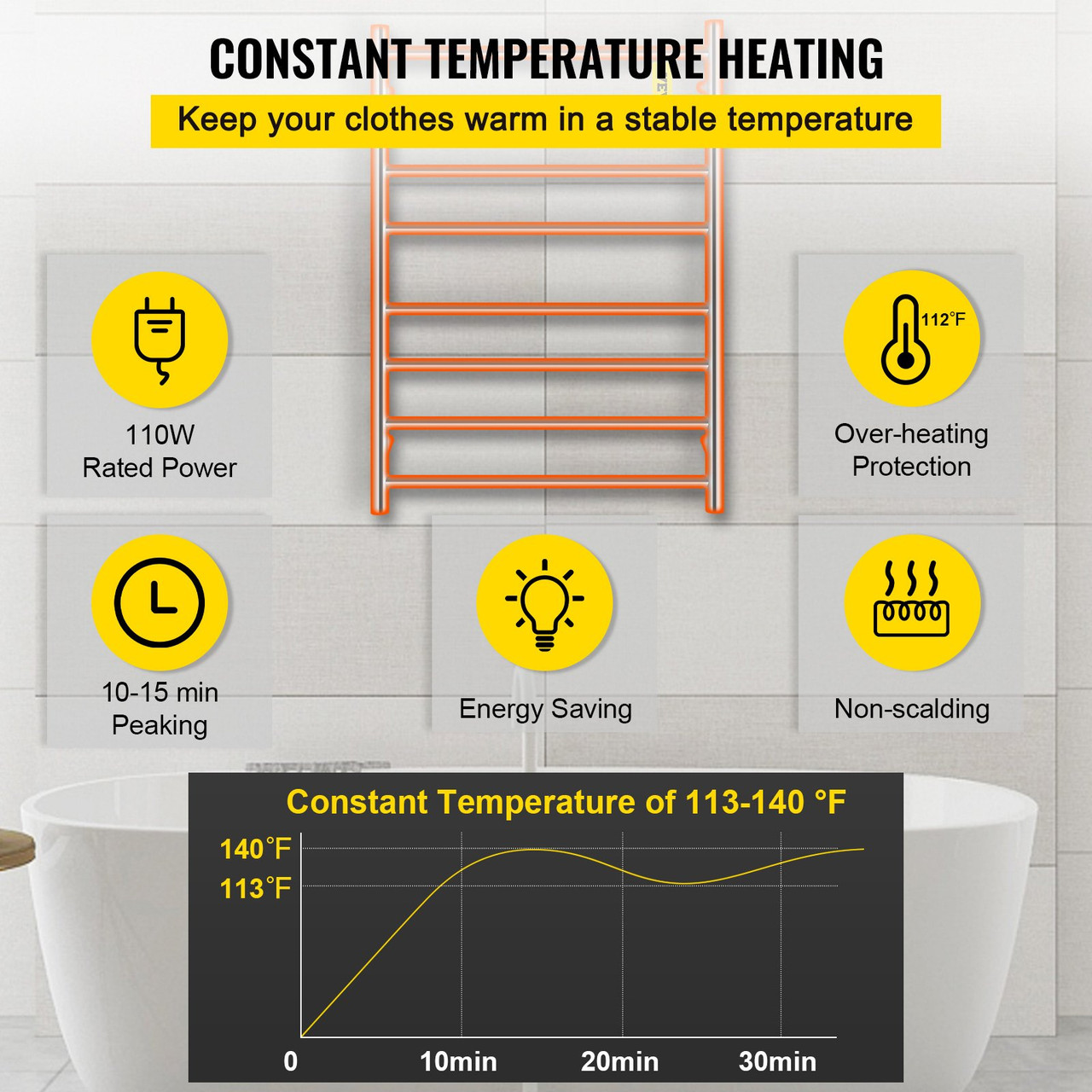 VEVOR Heated Towel Rack, 8-Bar Towel Warmer Rack, Wall Mounted Electric Towel Warmer, Electric Towel Drying Rack with Timer, Polished Stainless Steel Heated Towel Warmer for Bath, Plug-in/Hardwired
