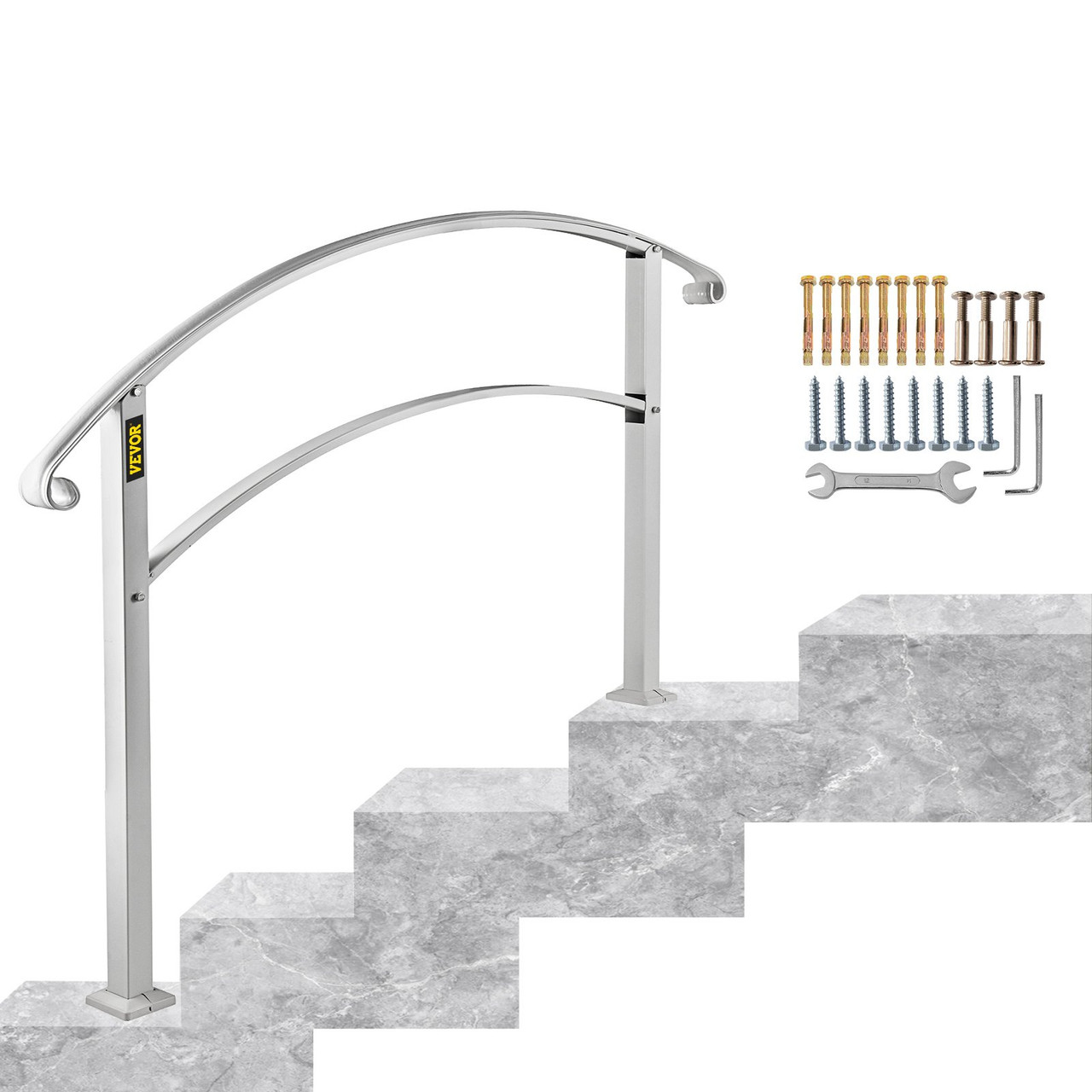 VEVOR Handrails for Outdoor Steps, Fit 1 or 4 Steps Outdoor Stair Railing, White Wrought Iron Handrail, Flexible Front Porch Hand Rail, Transitional Handrails for Concrete Steps or Wooden Stairs
