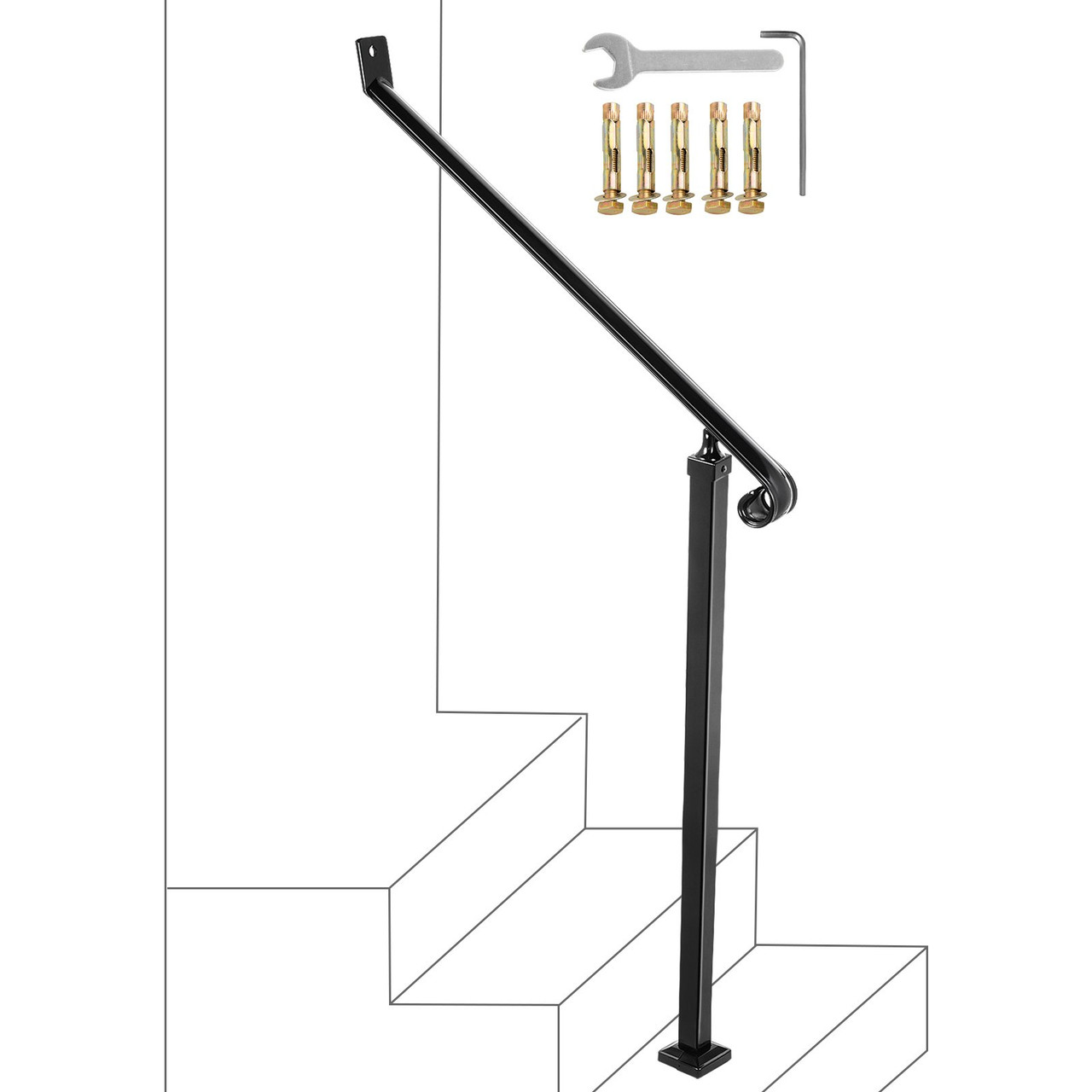 VEVOR Handrails for Outdoor Steps 2-3 Step Railings Wrought Iron Handrail Stair Railings for Steps Black Iron Railings for Steps Wall and Floor Mounted with Installation Kit