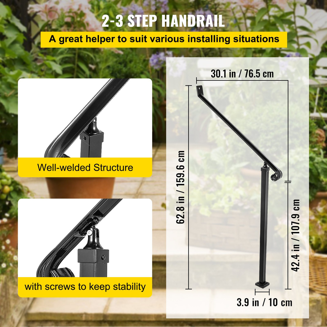 VEVOR Handrails for Outdoor Steps 2-3 Step Railings Wrought Iron Handrail Stair Railings for Steps Black Iron Railings for Steps Wall and Floor Mounted with Installation Kit