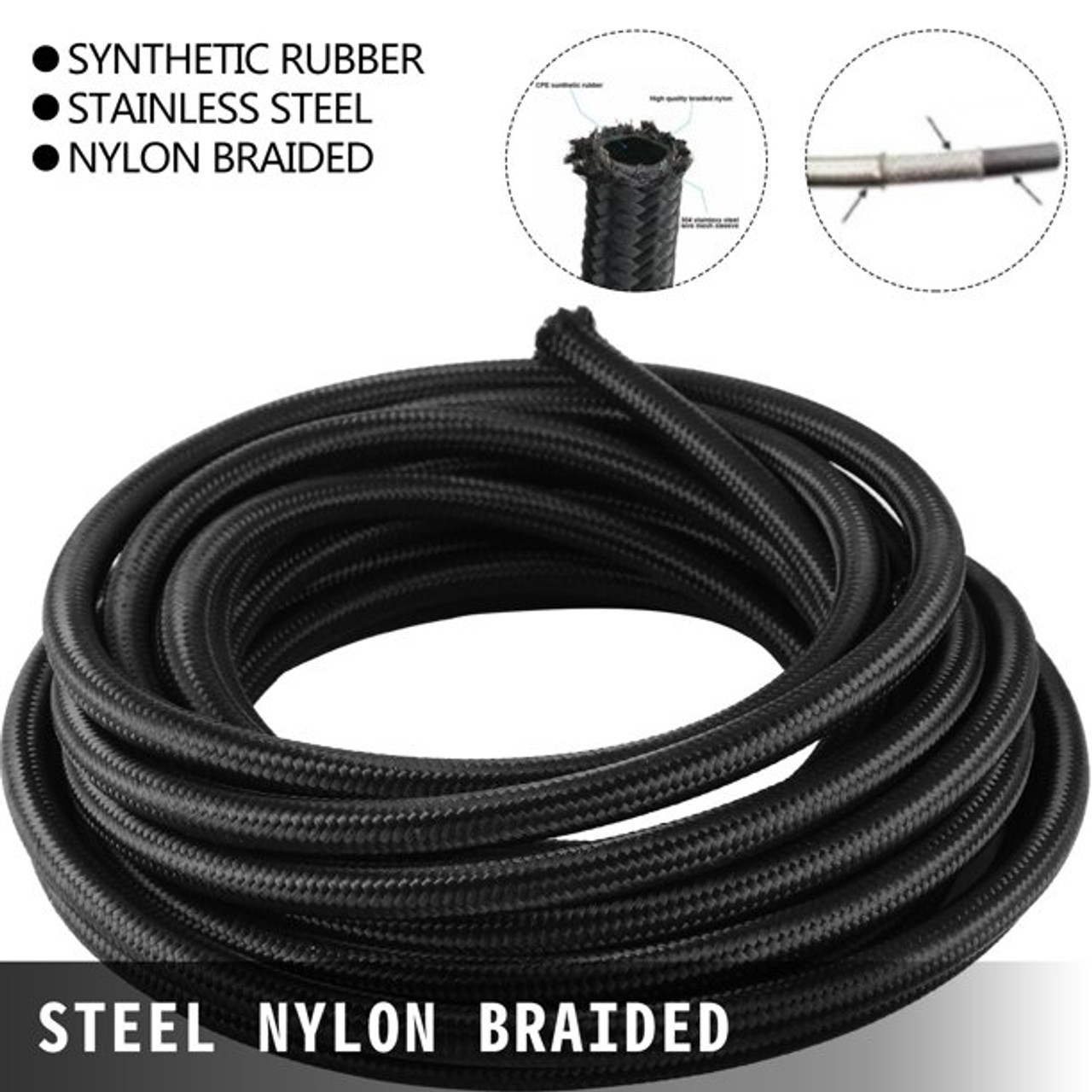 VEVOR 6AN 32.8FT Stainless Steel Nylon Braided Oil Gas Fuel Line Hose 10M BK + 20 PCS Aluminum Hose End Fitting Adapter Kit Fuel Line Kit 1000 psi (AN6)
