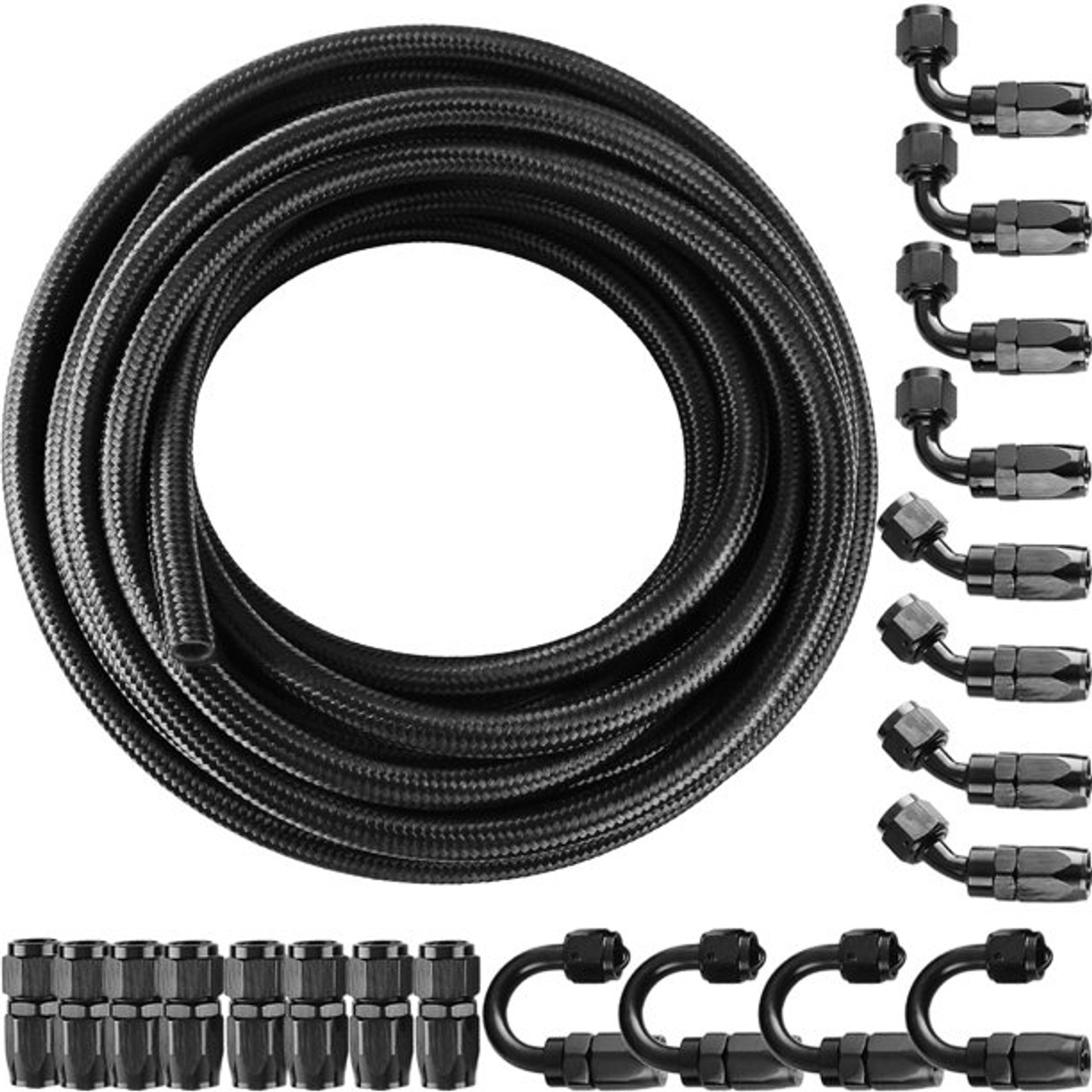 6AN 32.8FT Stainless Steel Nylon Braided Oil Gas Fuel Line Hose 10M BK + 20  PCS Aluminum Hose End Fitting Adapter Kit Fuel Line Kit 1000 psi (AN6)