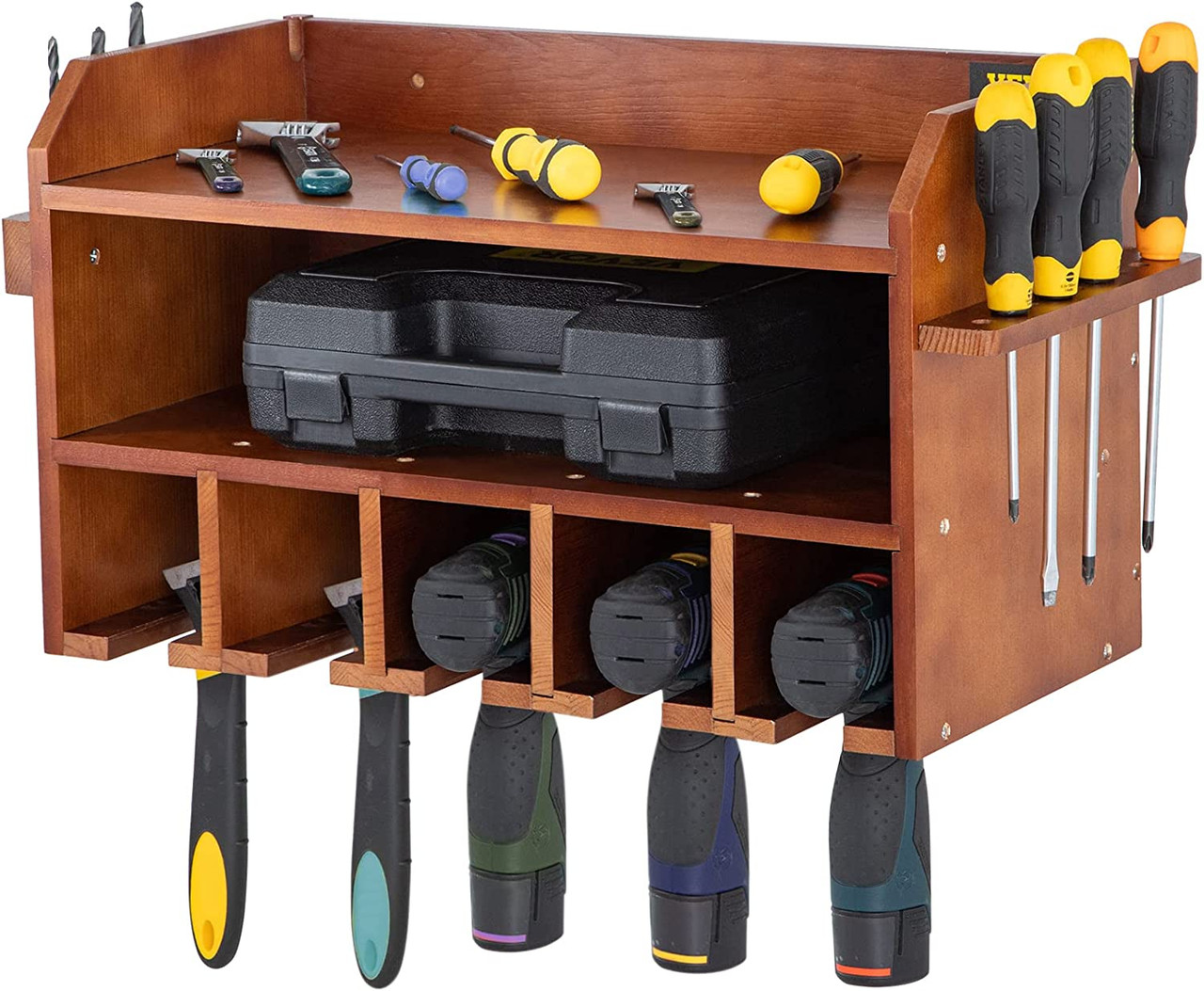 Power Tool Organizer, Wall Mount Drill Holder, 5 Drill Hanging Slots Drill  Charging Station, 2-Shelf Cordless Drill Storage, Polished Wooden Toolbox