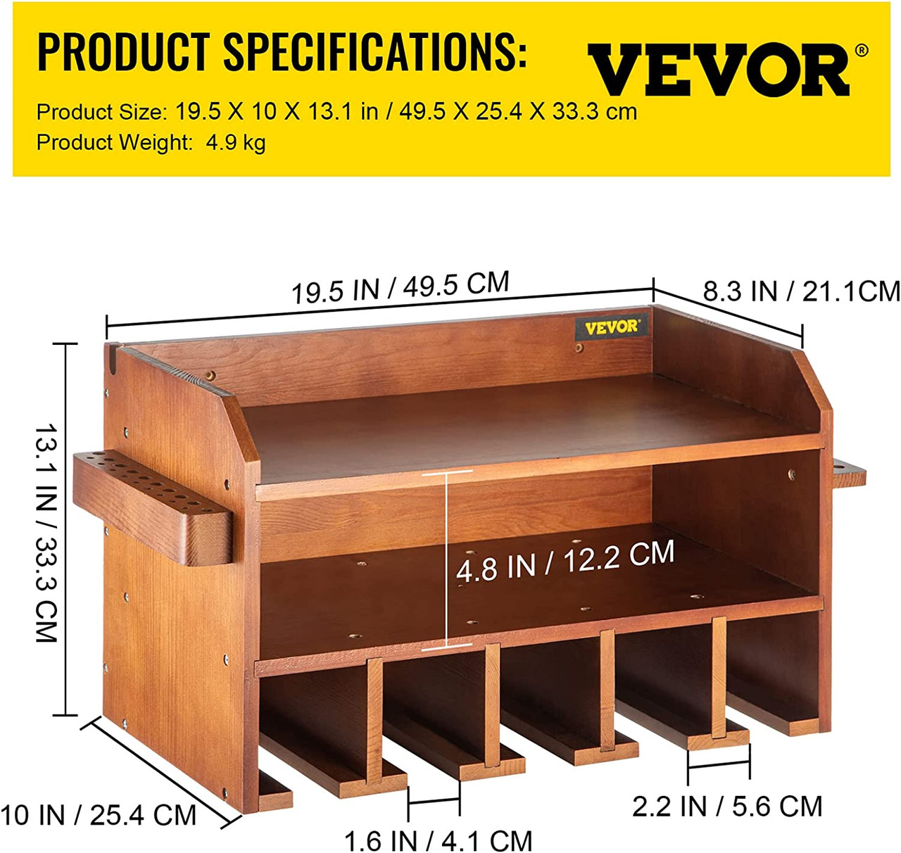 VEVOR Power Tool Organizer, Wall Mount Drill Holder, 5 Drill Hanging Slots Drill Charging Station, 2-Shelf Cordless Drill Storage, Polished Wooden Toolbox for Saw, Impact Wrench, Screwdriver Drill