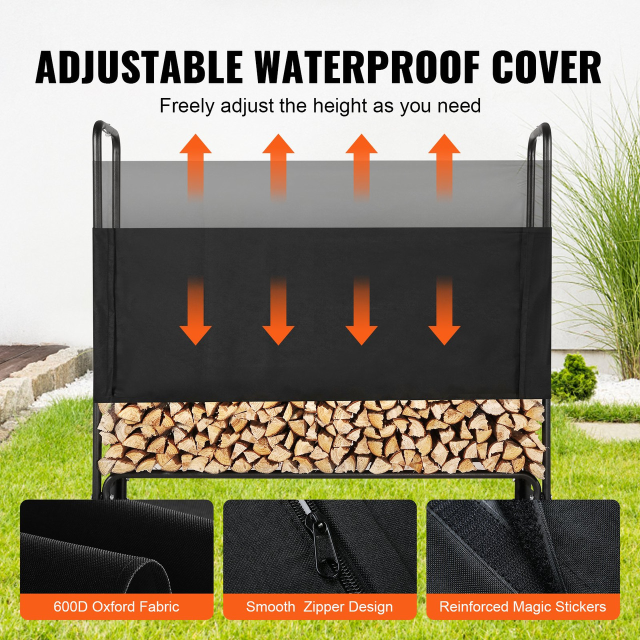 VEVOR 4.3FT Outdoor Firewood Rack with Cover, 52x14.2x46.1 in, Heavy Duty Firewood Holder & 600D Oxford Waterproof Cover for Fireplace, Patio, Indoor/Outdoor Log Storage Rack for 1/4 Cord of Firewood