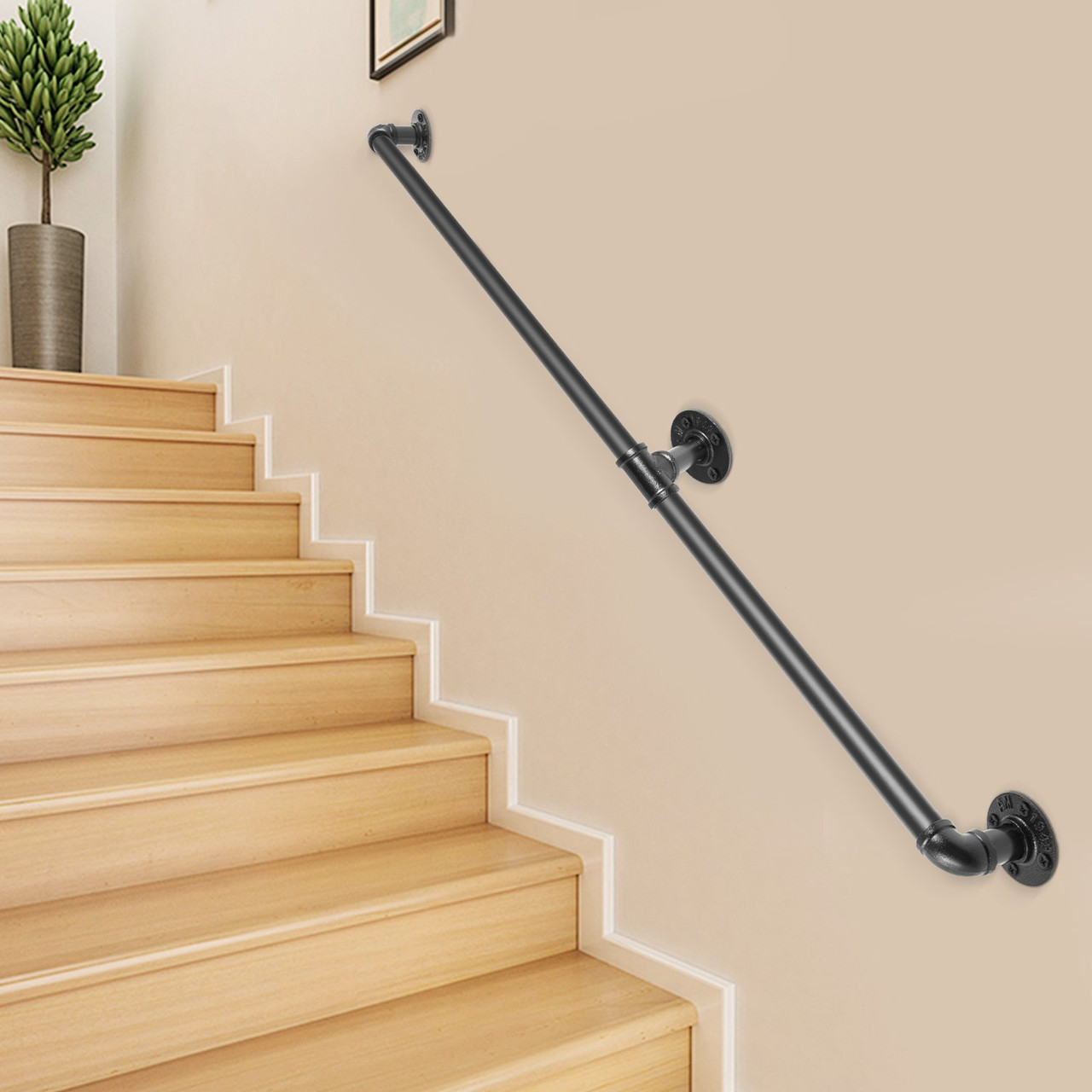Pipe Stair Handrail, 5FT Staircase Handrail, 440LBS Load Capacity Carbon Steel Pipe Handrail, Industrial Pipe Handrail with Wall Mount Support, Round Corner Wall Handrailings for Indoor, Outdoor