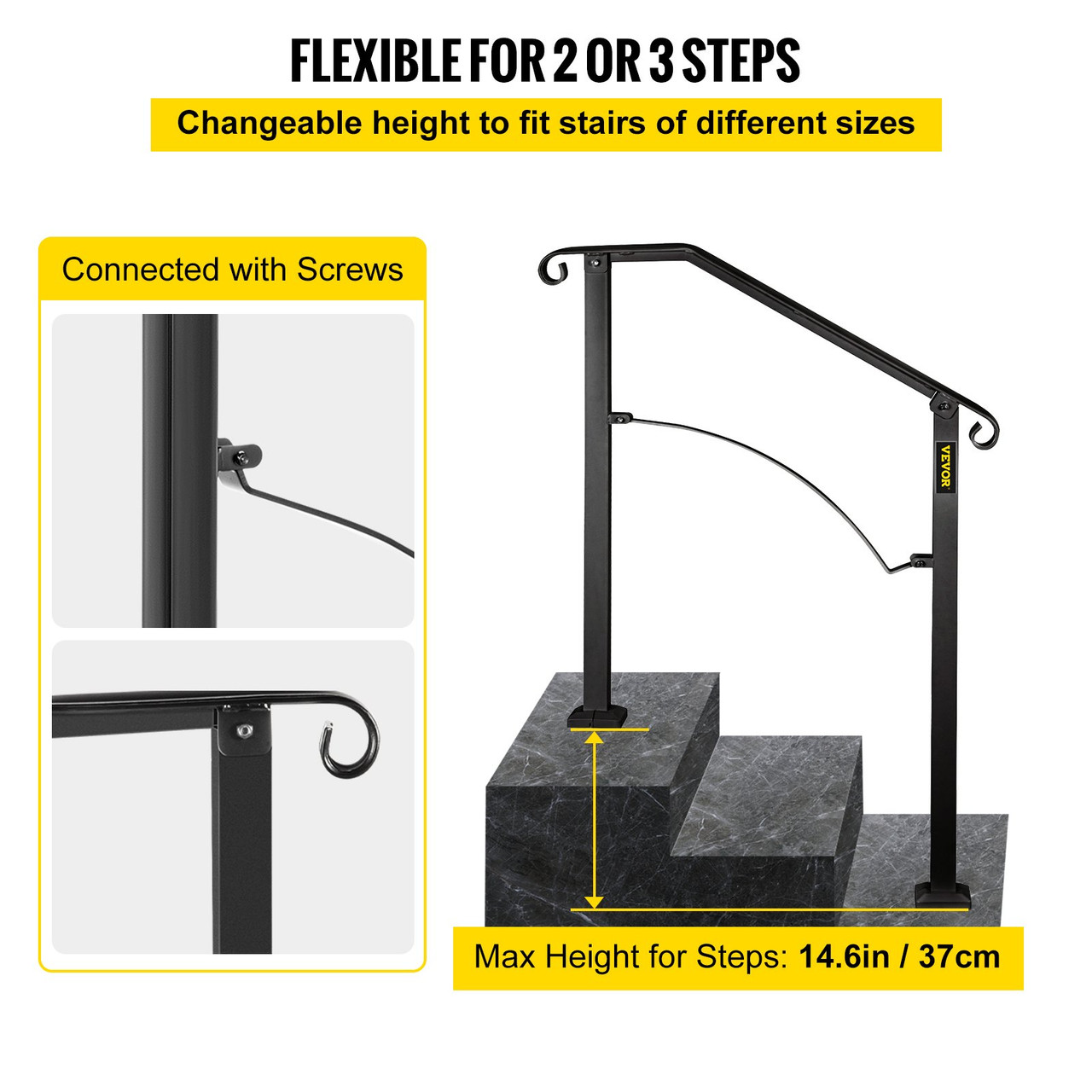 Handrails for Outdoor Steps, Fit 2 or 3 Steps Outdoor Stair Railing, Arch#2 Wrought Iron Handrail, Flexible Porch Railing, Black Transitional Handrails for Concrete Steps or Wooden Stairs