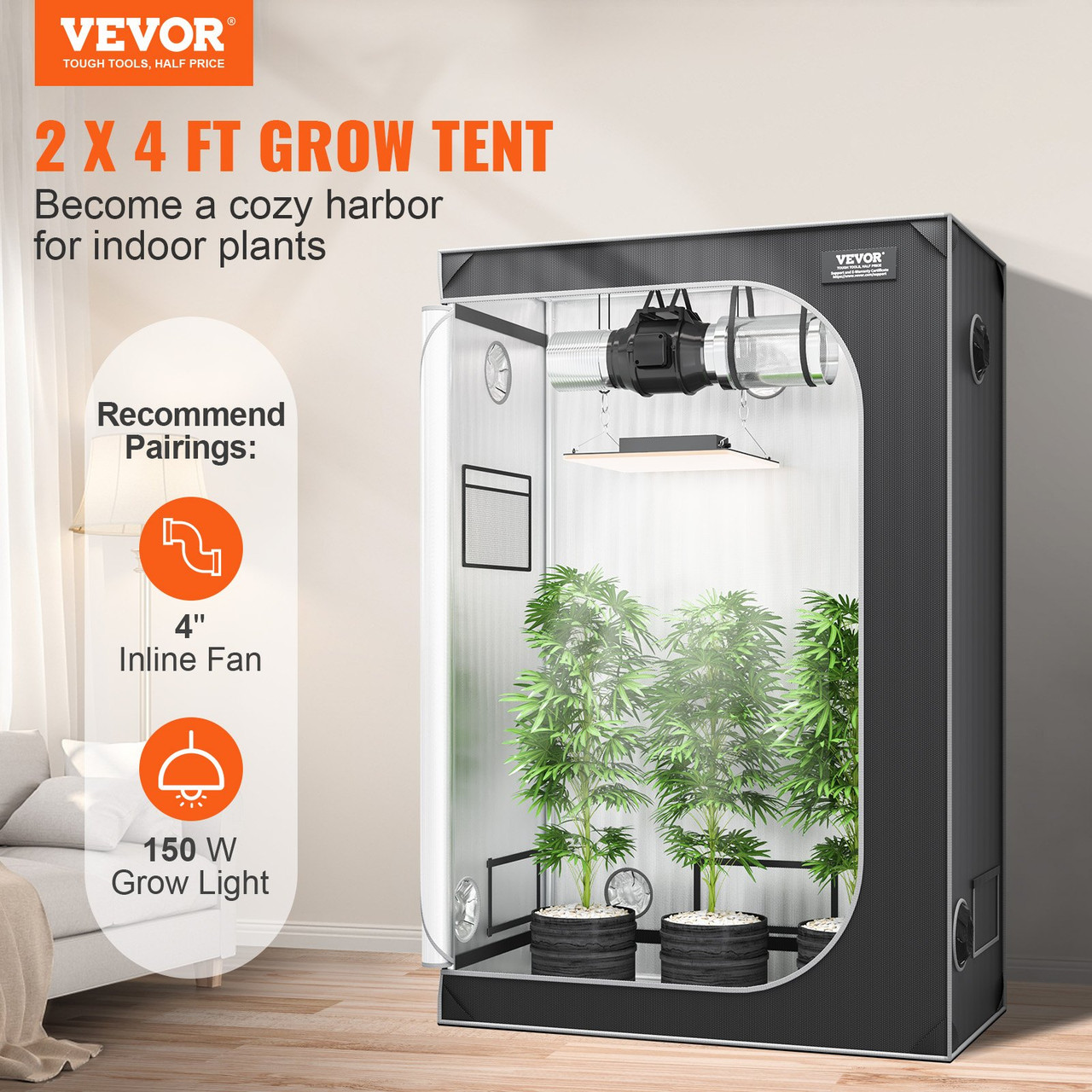 2x4 Grow Tent, 48'' x 24'' x 72'', High Reflective 2000D Mylar Hydroponic Growing Tent with Observation Window, Tool Bag and Floor Tray for Indoor Plants Growing