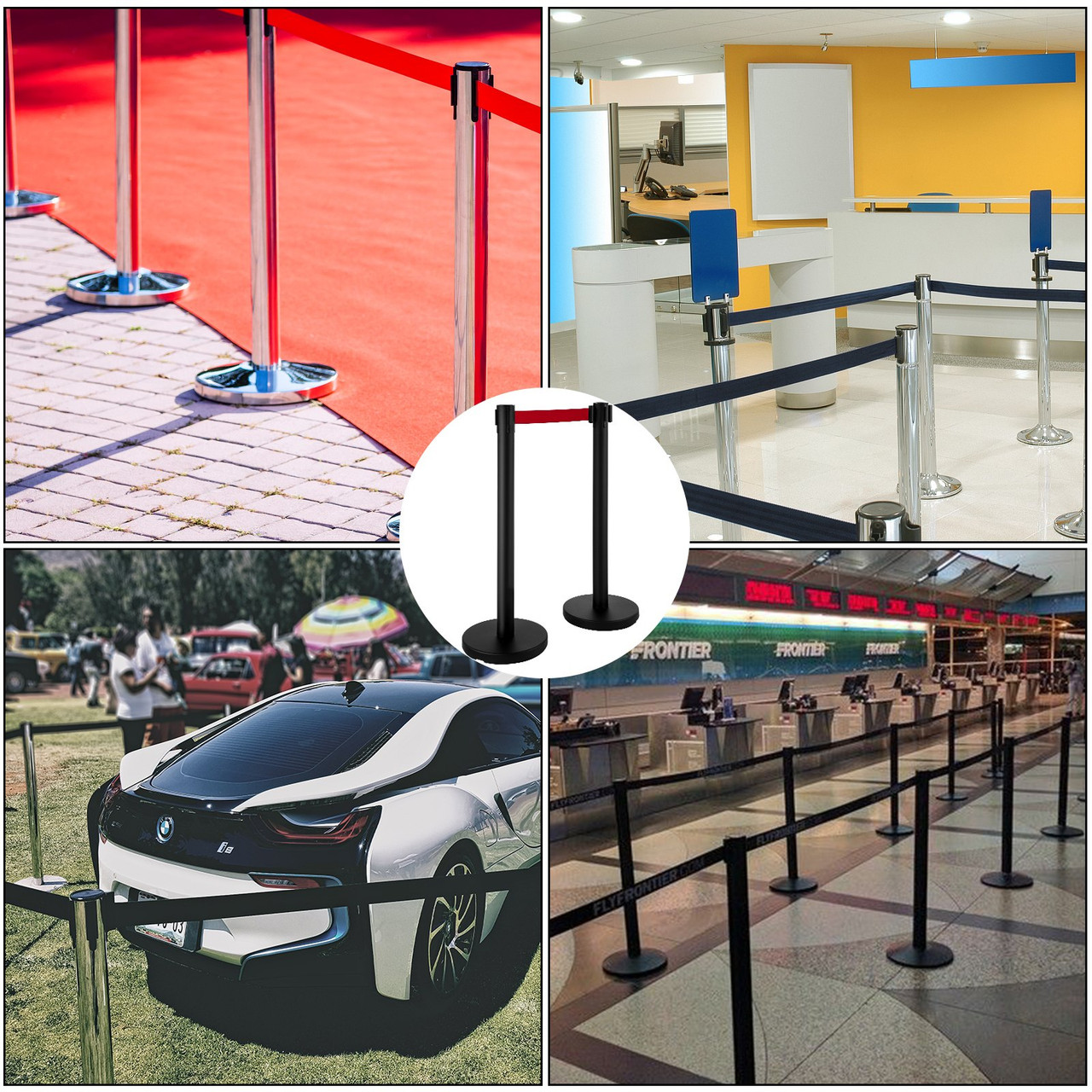 Stanchion Post Barriers 4-Set Line Dividers, Stainless Steel Stanchions with 6.6 Black Retractable Belts, Stanchions with One Sign Frame, 34.6 Queue Safety Stanchions (Balck)