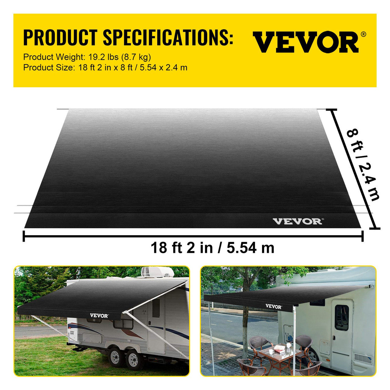 RV Awning 19 ft, Awning Replacement Fabric 18 ft 2 in, Charcoal Fade RV Awning Replacement, 15oz Vinyl Material Replacement Awning, Sun Shade and Waterproof Camper Awning Replacement Fabric