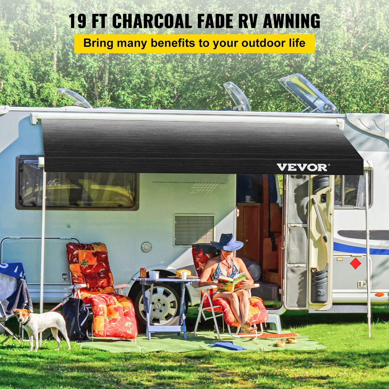 RV Awning 19 ft, Awning Replacement Fabric 18 ft 2 in, Charcoal Fade RV Awning Replacement, 15oz Vinyl Material Replacement Awning, Sun Shade and Waterproof Camper Awning Replacement Fabric