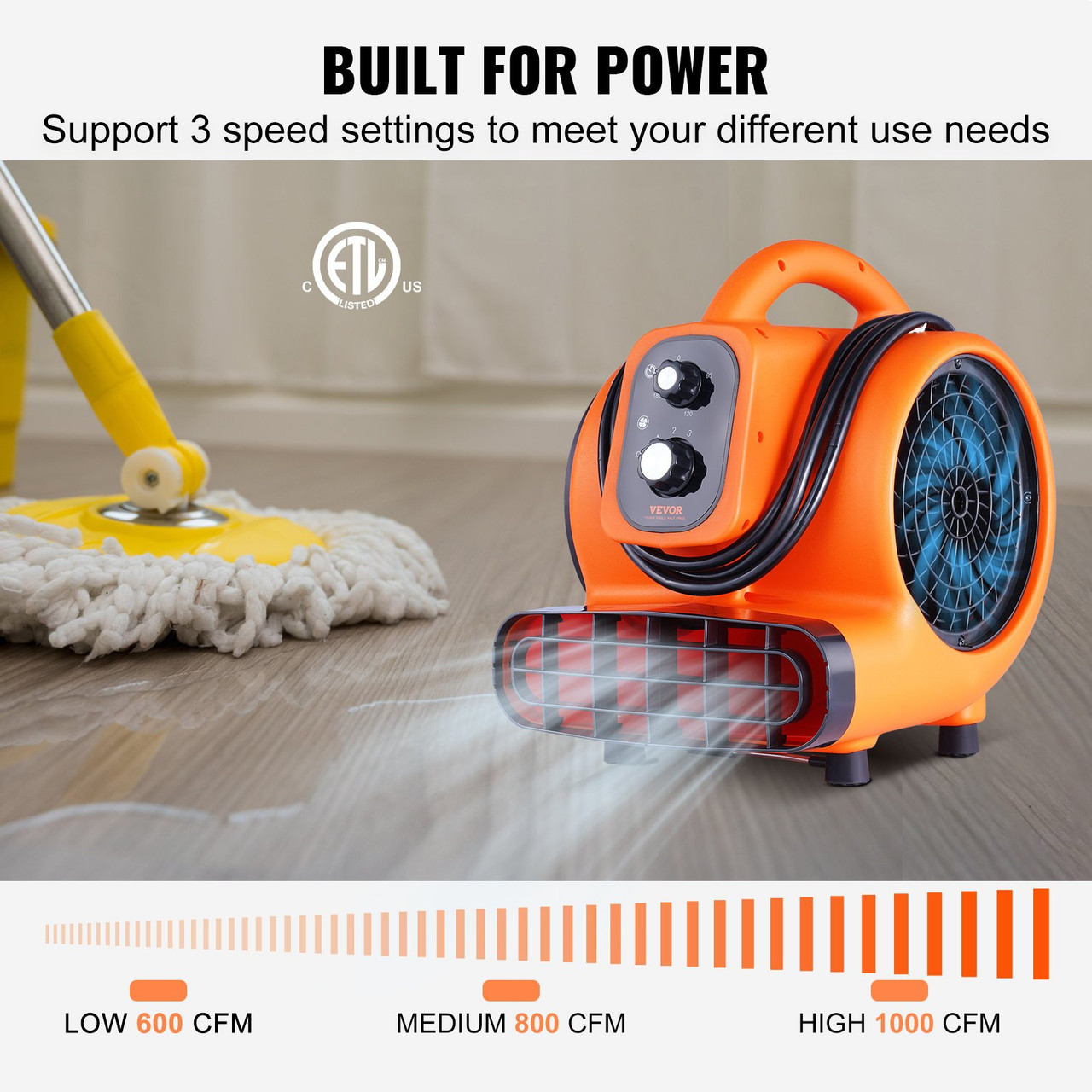 VEVOR Pivoting Utility Fan, 600 CFM High Velocity Floor Blower for Drying,  Cooling, Ventilating, Exhausting, 300° Blowing Angle Air Mover, Portable  Carpet Dryer Fan for Home, Work Shop