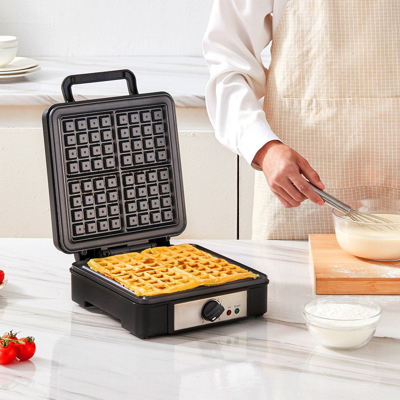 Waffle Maker, 4 Slices per Batch, 1200W Square Waffle Iron, Non-Stick Waffle Baker Machine with 122-572? / 50-300? Temperature Range Teflon-Coated Baking Pans Stainless Steel Body, 120V