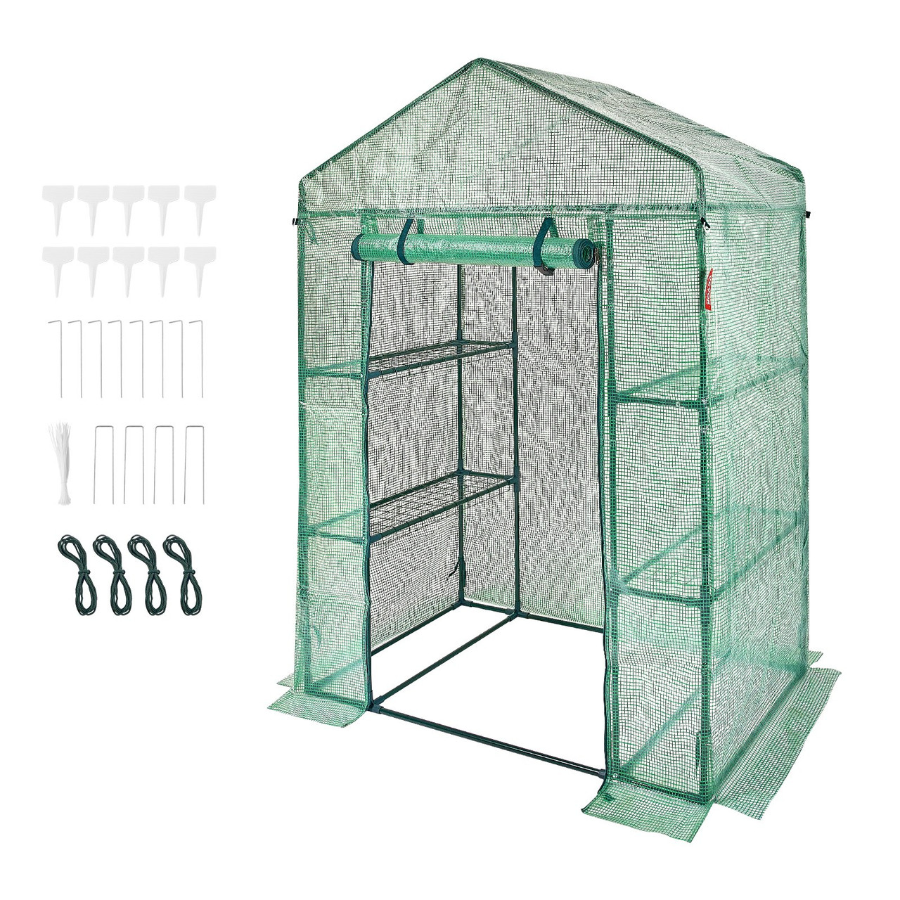 Walk-in Green House, 4.6 x 2.4 x  6.7 ft  Greenhouse with Shelves, Set Up in Minutes, High Strength PE Cover with Doors & Windows and Steel Frame, Suitable for Planting and Storage, Green