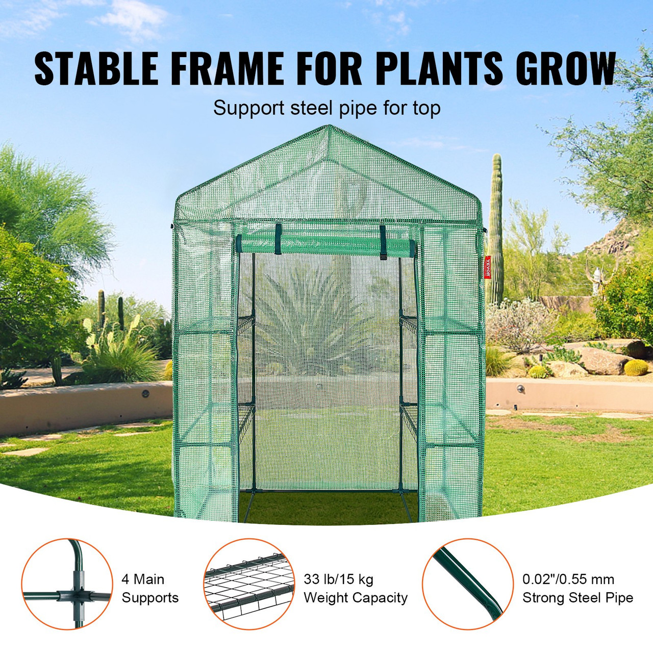 Walk-in Green House, 4.6 x 2.4 x  6.7 ft  Greenhouse with Shelves, Set Up in Minutes, High Strength PE Cover with Doors & Windows and Steel Frame, Suitable for Planting and Storage, Green