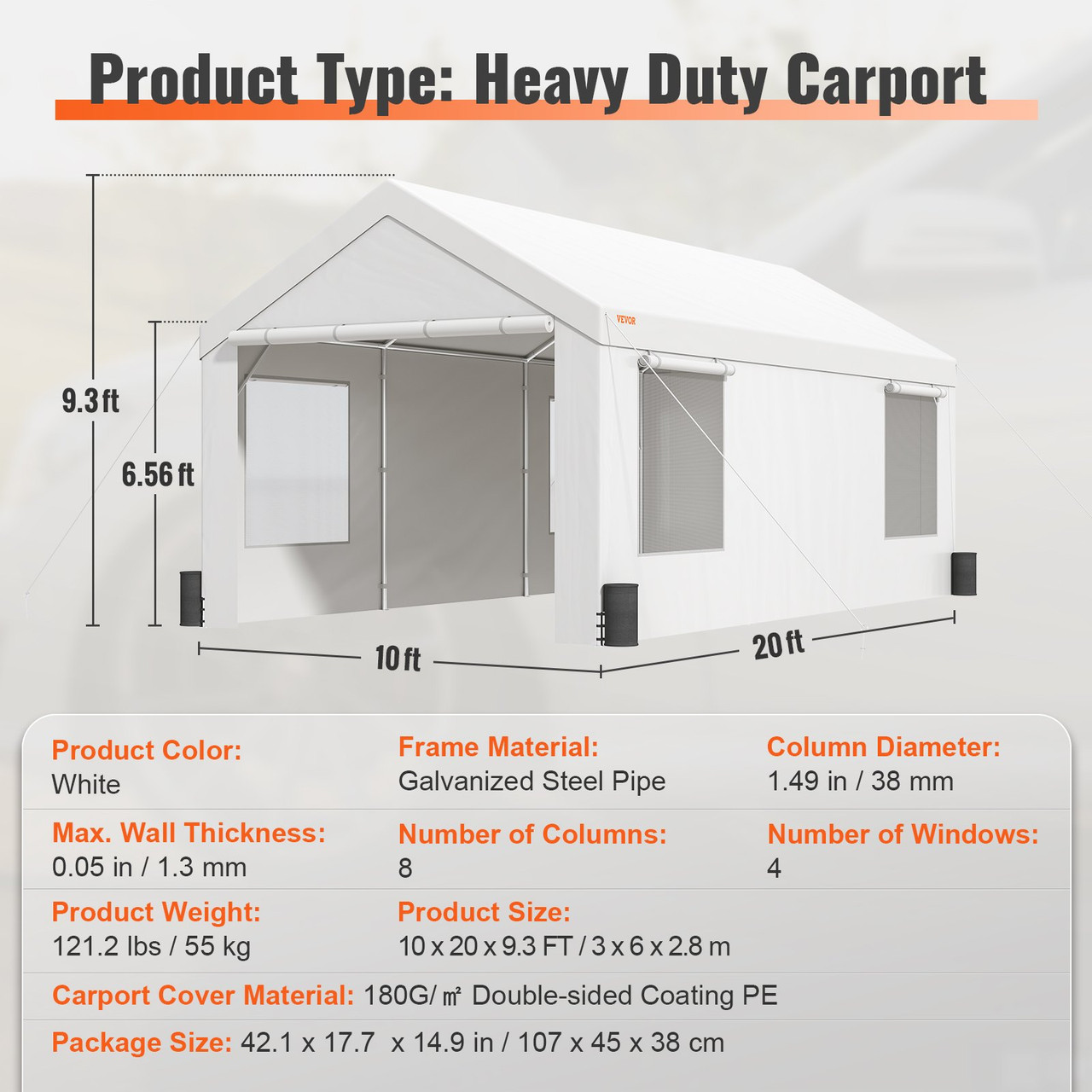 Carport, Heavy Duty 10x20ft Car Canopy, Outdoor Garage Shelter with Removable Sidewalls, Roll-up Ventilated Windows & Doors, UV Resistant Waterproof All-Season Tarp for Car, Truck, Boat, White