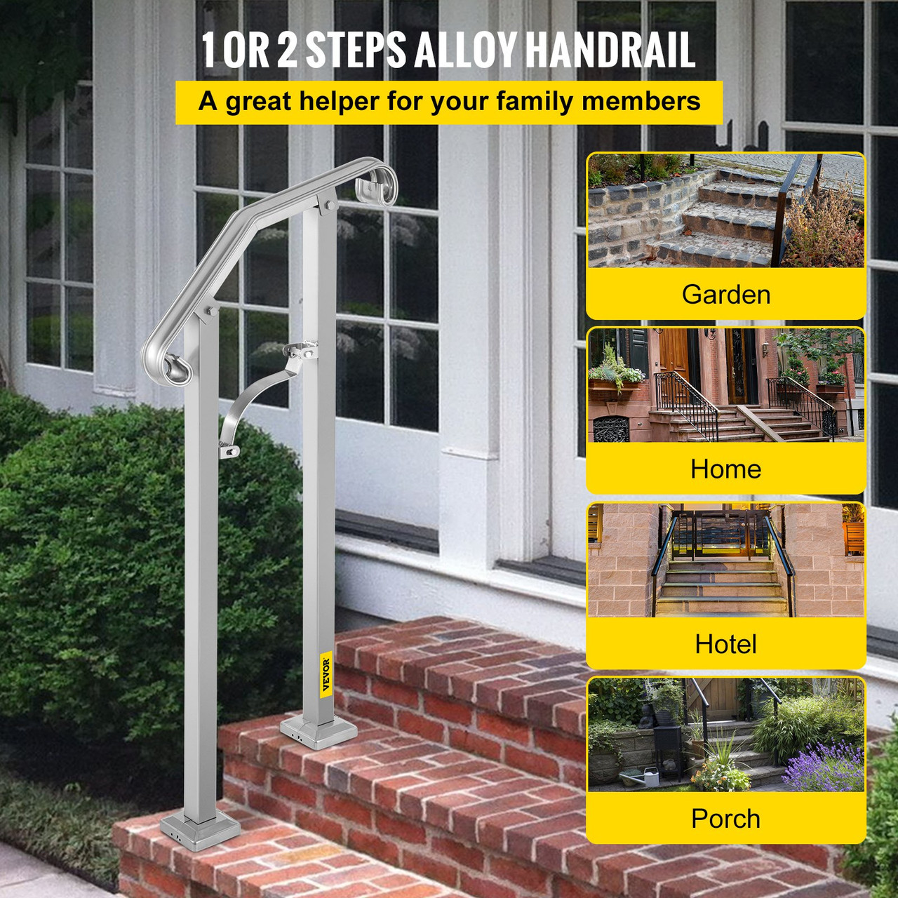 Outdoor Stair Railing, Fit 1 or 2 Steps Alloy Metal Handrailing, Front Porch Flexible Transitional Handrail, Arch Step Rail with Installation Kit, for Concrete or Wooden Stairs, Silver