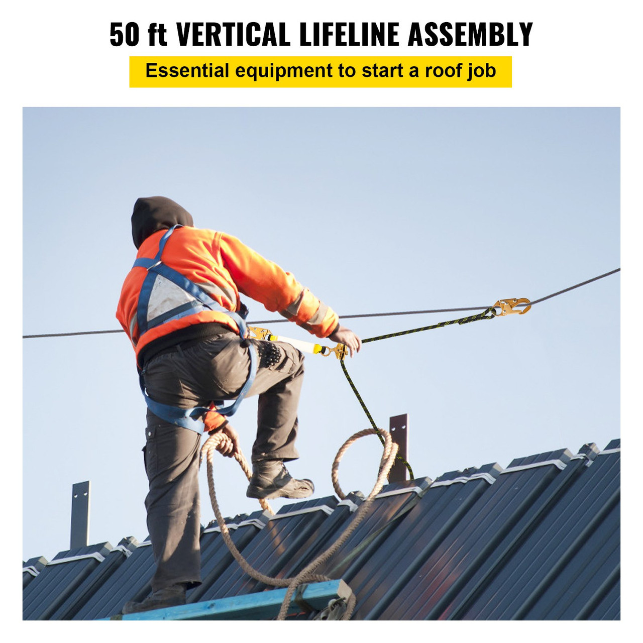 Vertical Lifeline Assembly, 50 ft Fall Protection Rope, Polyester Roofing Rope, CE Compliant Fall Arrest Protection Equipment with Alloy Steel Rope Grab, Two Snap Hooks, Shock Absorber