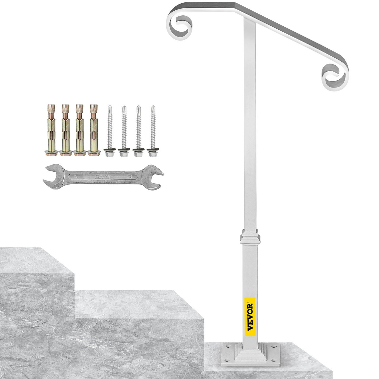 Single Post Handrail White Wrought Iron Post Mount Step Grab Supports Fits 1 or 2 Steps Grab Rail Single Post Railing