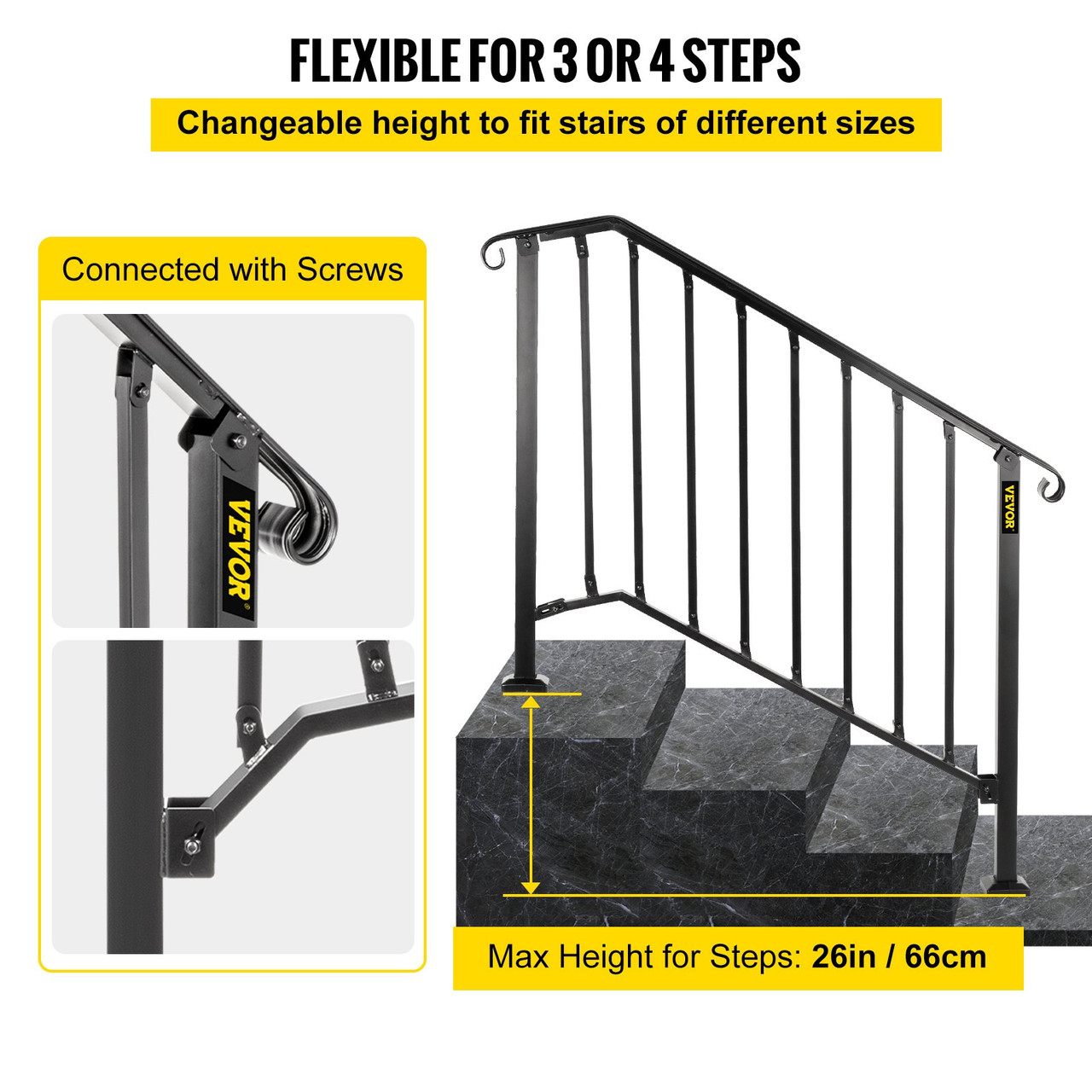 Handrails for Outdoor Steps, Fit 3 or 4 Steps Outdoor Stair Railing, Picket#3 Wrought Iron Handrail, Flexible Porch Railing, Black Transitional Handrails for Concrete Steps or Wooden Stairs