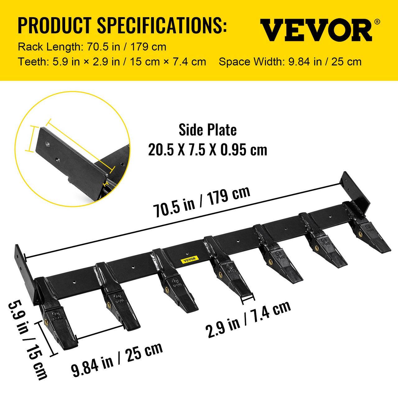 Bucket Tooth Bar 72'' Inside Bucket Width Tractor Bucket Teeth 9.84'' Teeth Space Tooth Bar for Loader Bucket 23TF Bolt on Tooth Bucket Enables Penetration of Compacted Soil and Other Materials