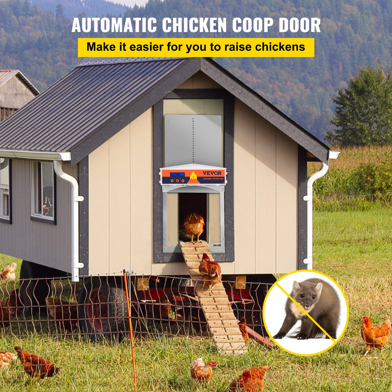 Gray Automatic Chicken Coop Door, Auto Close, Gear Lifter Galvanized Poultry Gate with Evening and Morning Delayed Opening Timer & Light Sensor, Battery Powered LCD Screen, for Duck