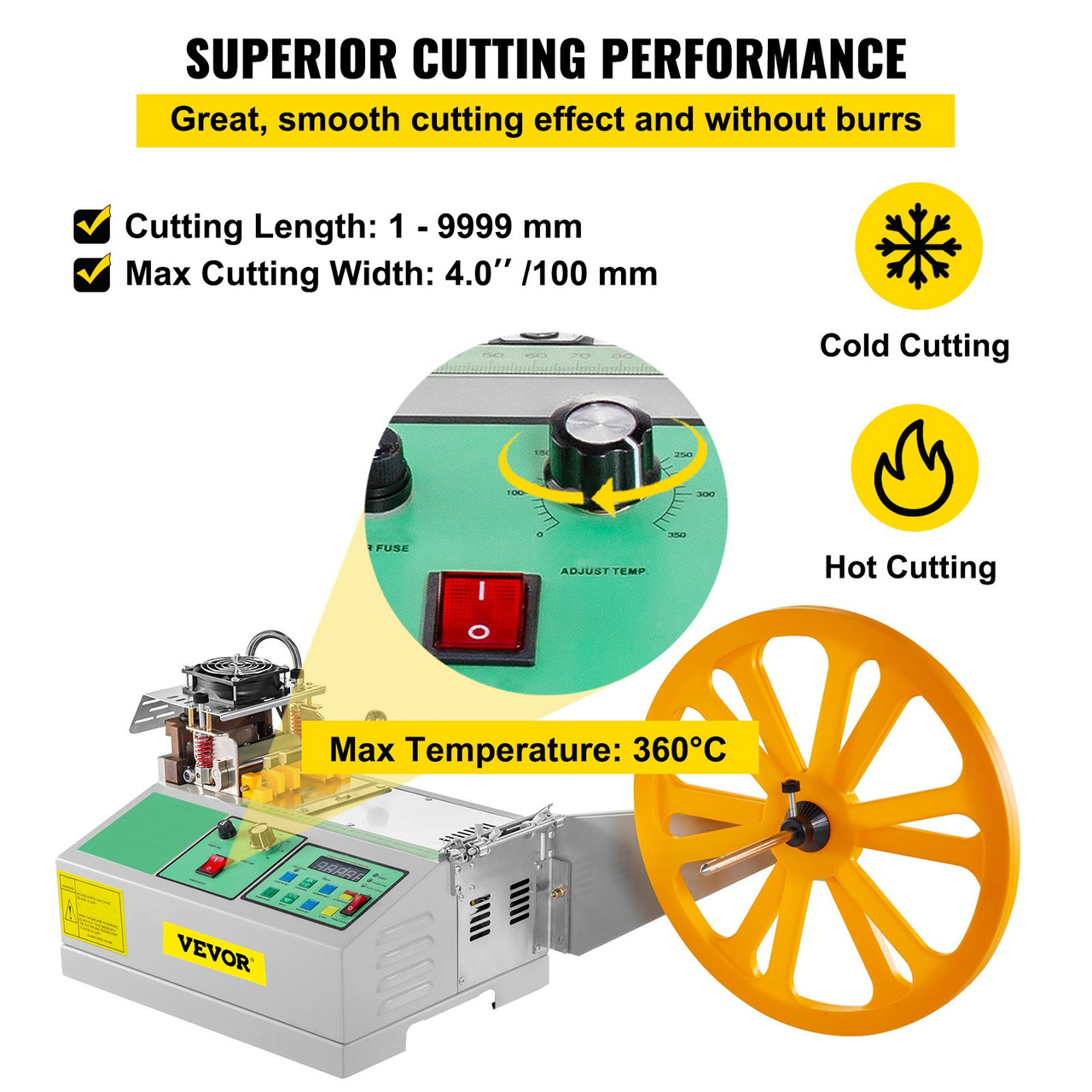 Automatic Hot and Cold Tape Cutting Machine 440W 350°C Zipper Braided Tape Ribbon Cutter 100mm Metal Strip Precise Digital Belt Cutter for Nylon Plastic