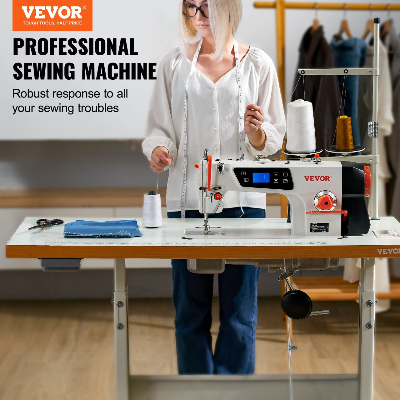 Industrial Sewing Machine, Heavy-duty Lockstitch Sewing Machine with 550W  Servo Motor Table Stand, Electro-mechanization