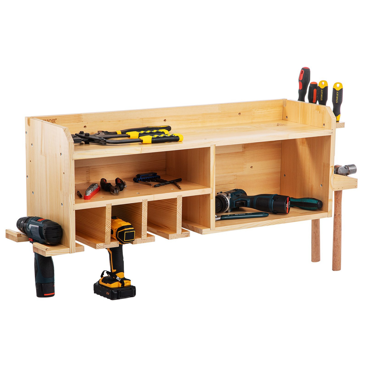 Power Tool Organizer, Wall Mount Drill Holder, 4 Drill Hanging Slots Drill Charging Station, 3-Shelf Cordless Drill Storage, Polished Wooden Toolbox for Saw, Impact Wrench, Screwdriver Drill