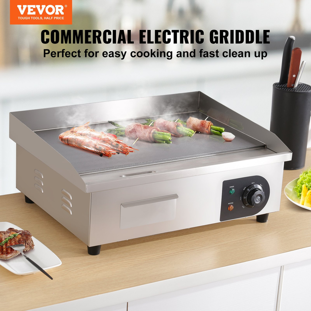 VEVOR Commercial Electric Griddle, 18 Teppanyaki Grill, 1600W Electric  Flat Top Grill, Stainless Steel Electric Countertop Griddle w/Drip Hole
