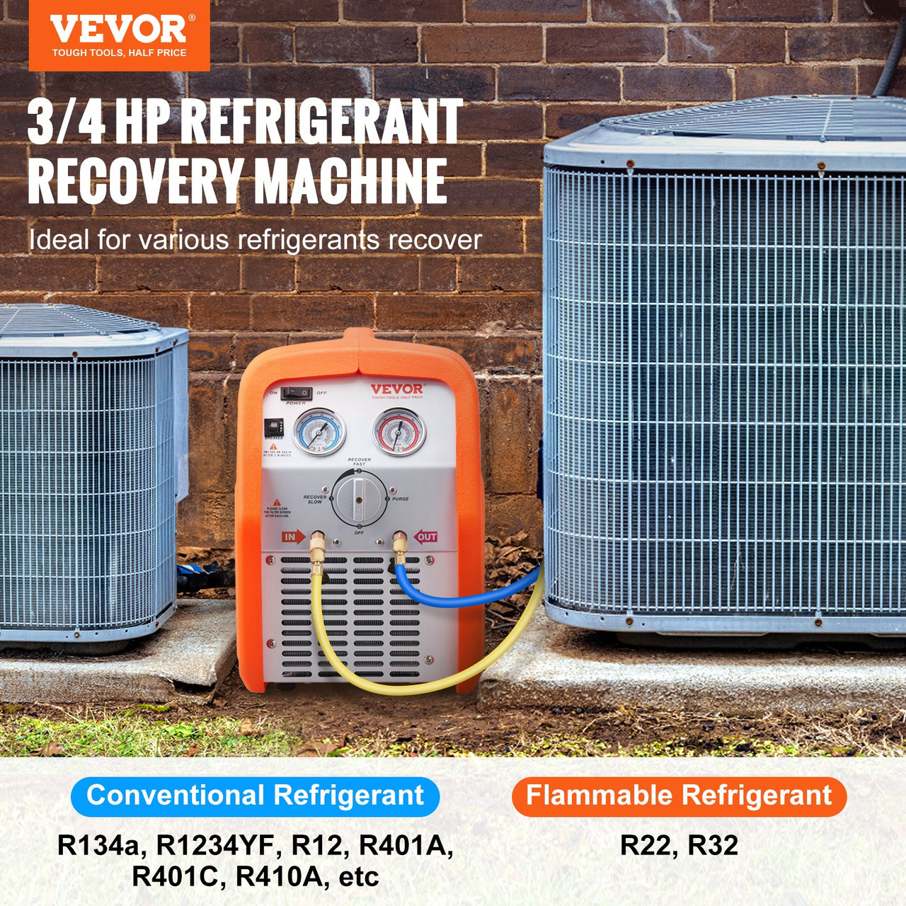 Portable 3/4 HP Refrigerant Recovery Machine - AC Recovery Machine with High Pressure Protection 120V 60Hz Recovery Machine HVAC for Vapor Liquid Refrigerant, Car Air Conditioning