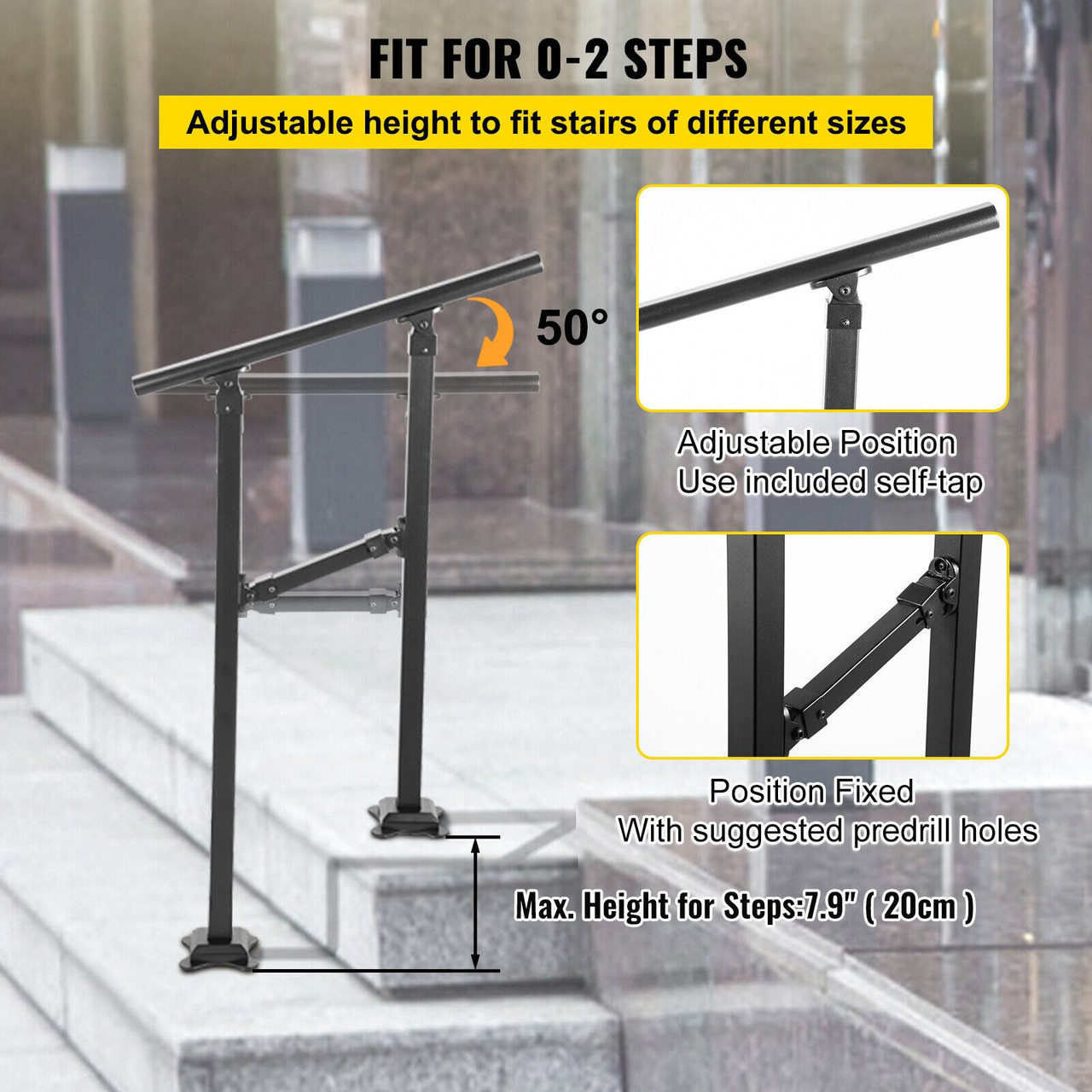 Outdoor Stair Railing, Fits for 0-2 Step Transitional Wrought Iron Handrail, Adjustable Exterior Stair Railing, Handrails for Concrete Steps with Installation Kit, Matte Black Outdoor Handrail