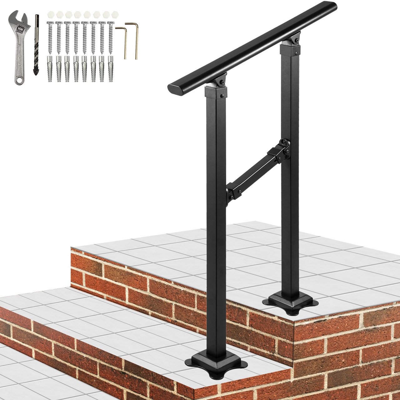 Outdoor Stair Railing, Fits for 0-2 Step Transitional Wrought Iron Handrail, Adjustable Exterior Stair Railing, Handrails for Concrete Steps with Installation Kit, Matte Black Outdoor Handrail