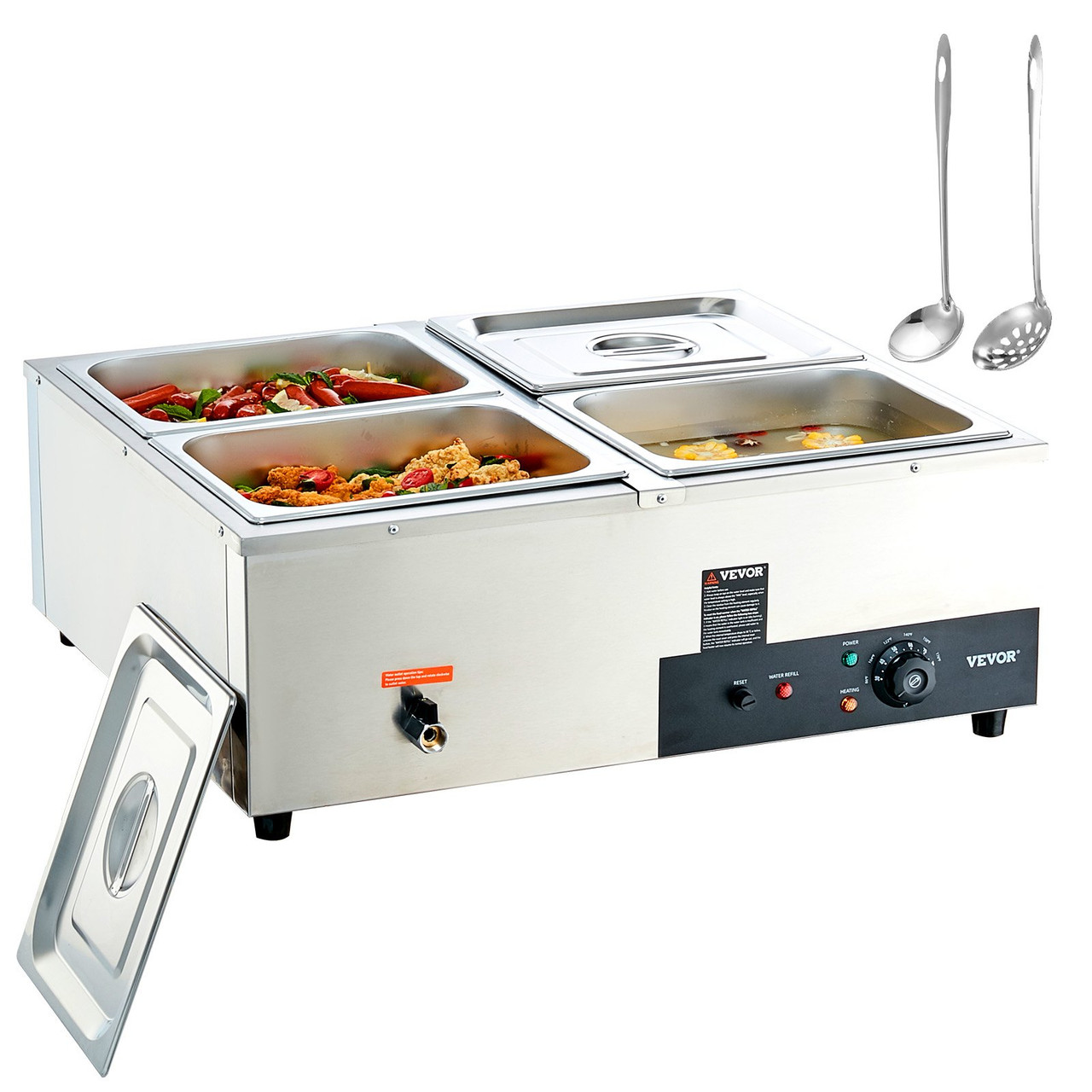 4-Pan Commercial Food Warmer, 4 x 12QT Electric Steam Table, 1200W Professional Countertop Stainless Steel Buffet Bain Marie with 86-185°F Temp Control for Catering and Restaurants, Silver