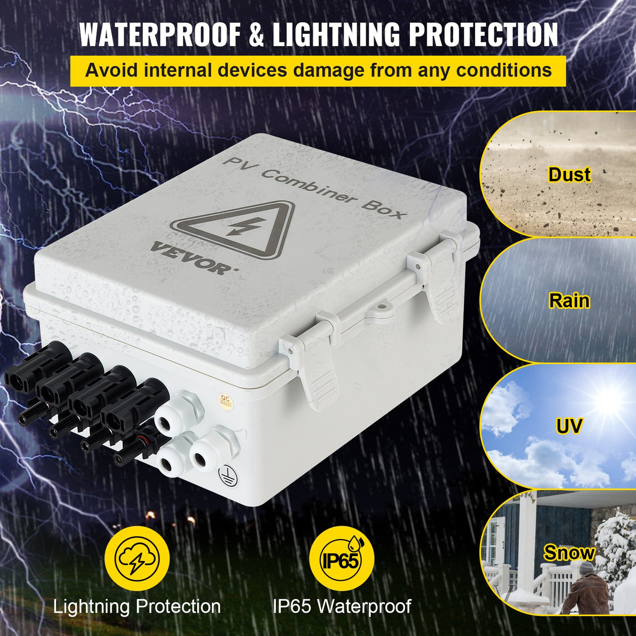 PV Combiner Box, 4 String with 15A Rated Current Fuse, 63A Circuit Breaker, Lightning Arreste Connector for On/Off Grid Solar Panel System, IP65