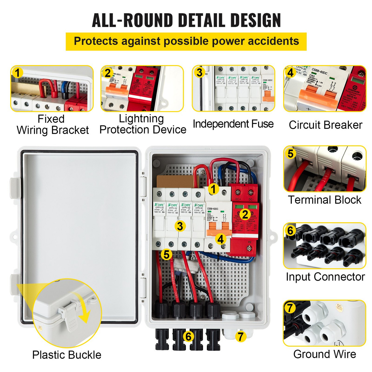 PV Combiner Box, 4 String with 15A Rated Current Fuse, 63A Circuit Breaker, Lightning Arreste Connector for On/Off Grid Solar Panel System, IP65