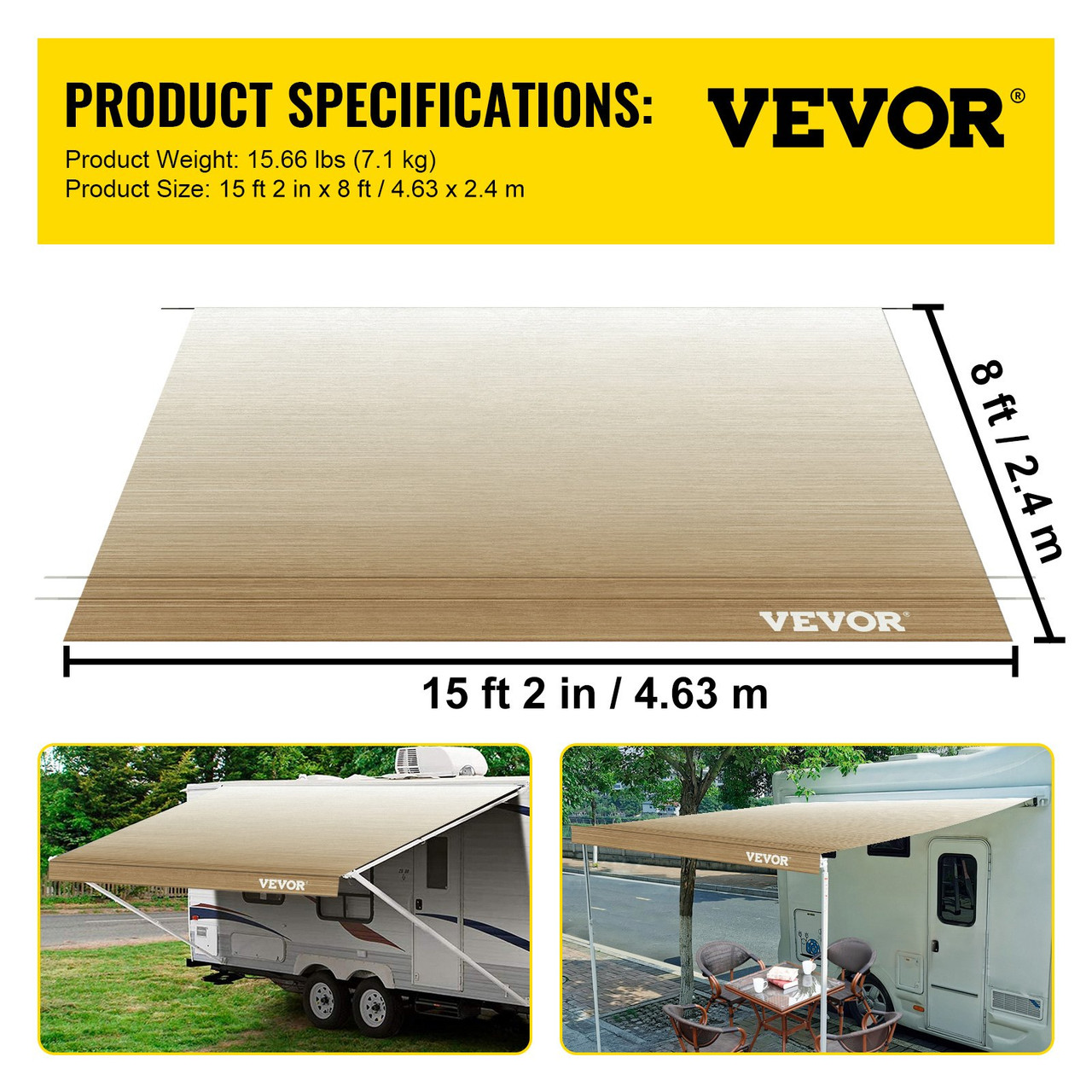 RV Awning 16 ft, Awning Replacement Fabric 15'2", Brown Fade RV Awning Replacement, 15oz Vinyl Material Replacement Awning, Sun Shade and Waterproof Camper Awning Replacement Fabric