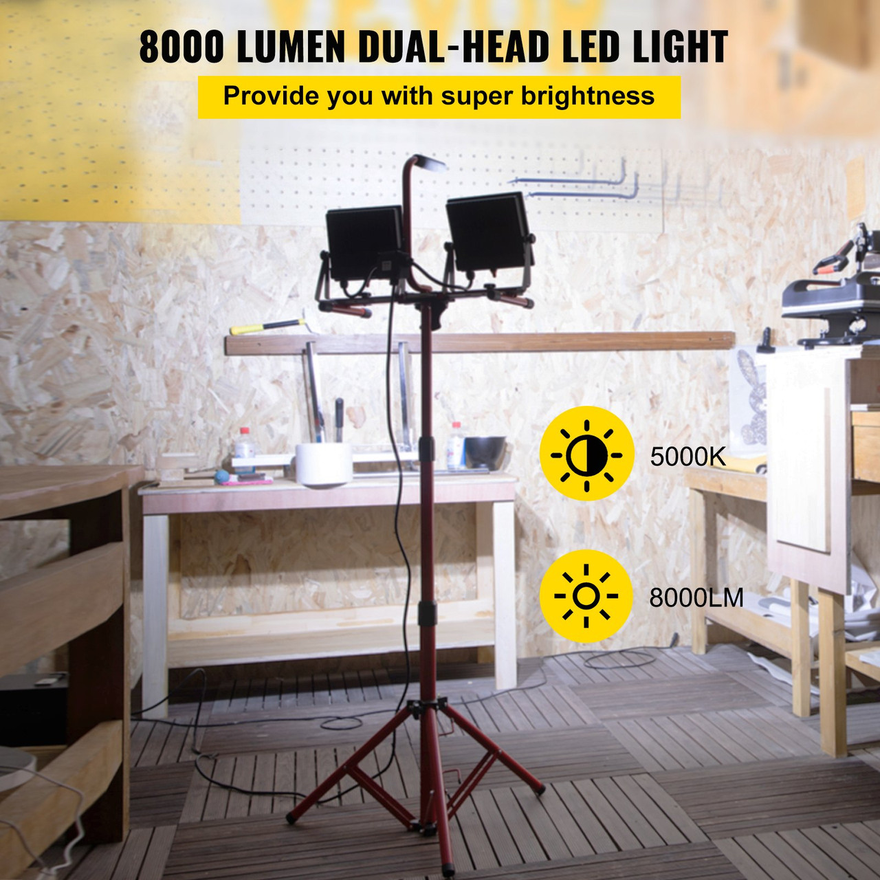 LED Work Light with Stand, 8000 Lumen Dual-head LED Work Light with 27.6"-68.1" Adjustable and Foldable Tripod Stand, IP65 Waterproofed LED Tripod Work Light, with 5000 Kelvin Color Temperature