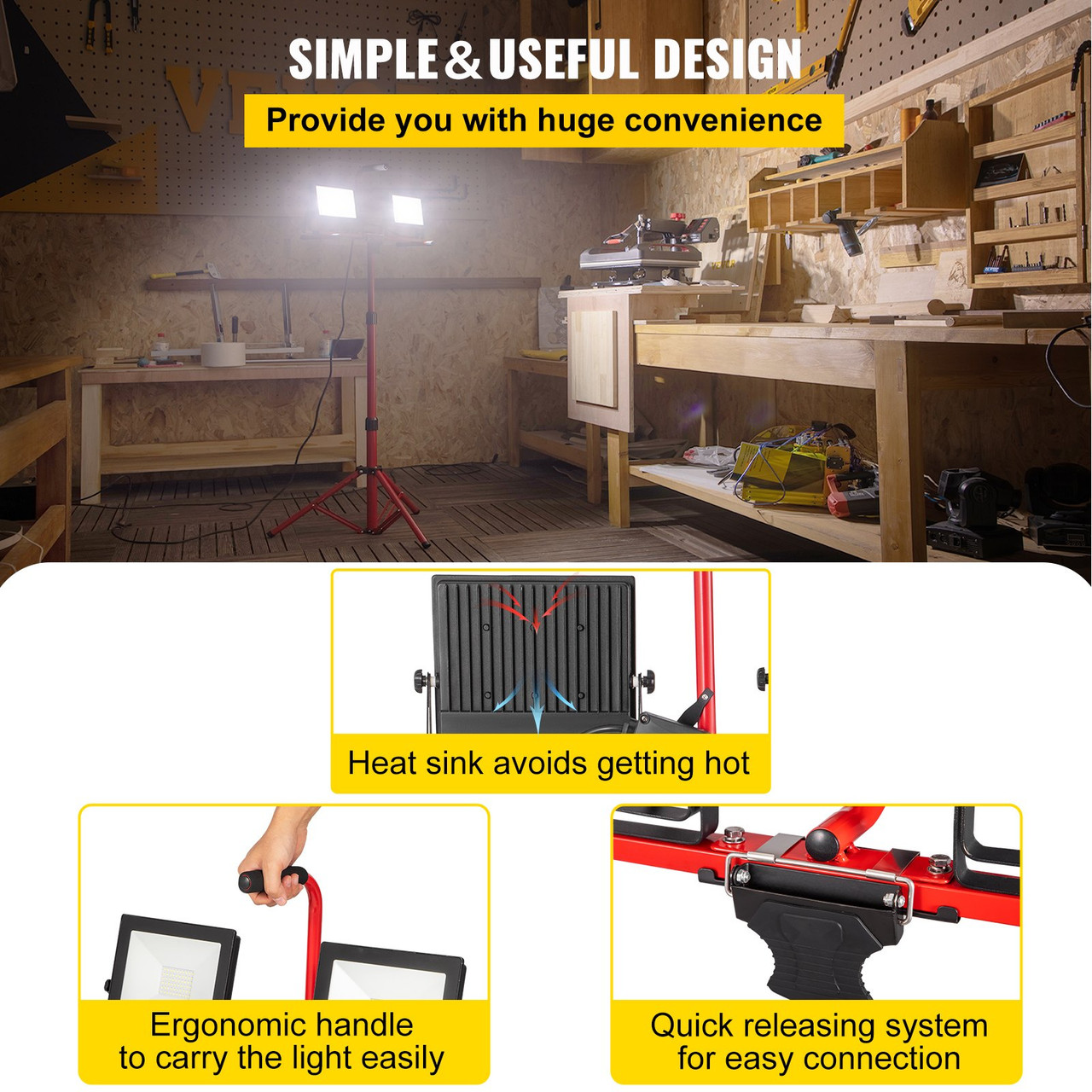 LED Work Light with Stand, 8000 Lumen Dual-head LED Work Light with 27.6"-68.1" Adjustable and Foldable Tripod Stand, IP65 Waterproofed LED Tripod Work Light, with 5000 Kelvin Color Temperature