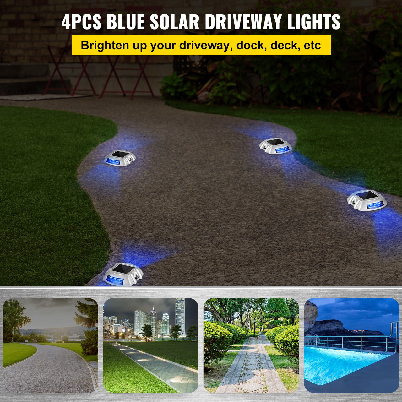 Driveway Lights 4-Pack, Solar Driveway Lights with Switch Button, Solar Deck Lights Waterproof, Wireless Dock Lights 6 LEDs for Path Warning Garden Walkway Sidewalk Steps, LED Bright Blue