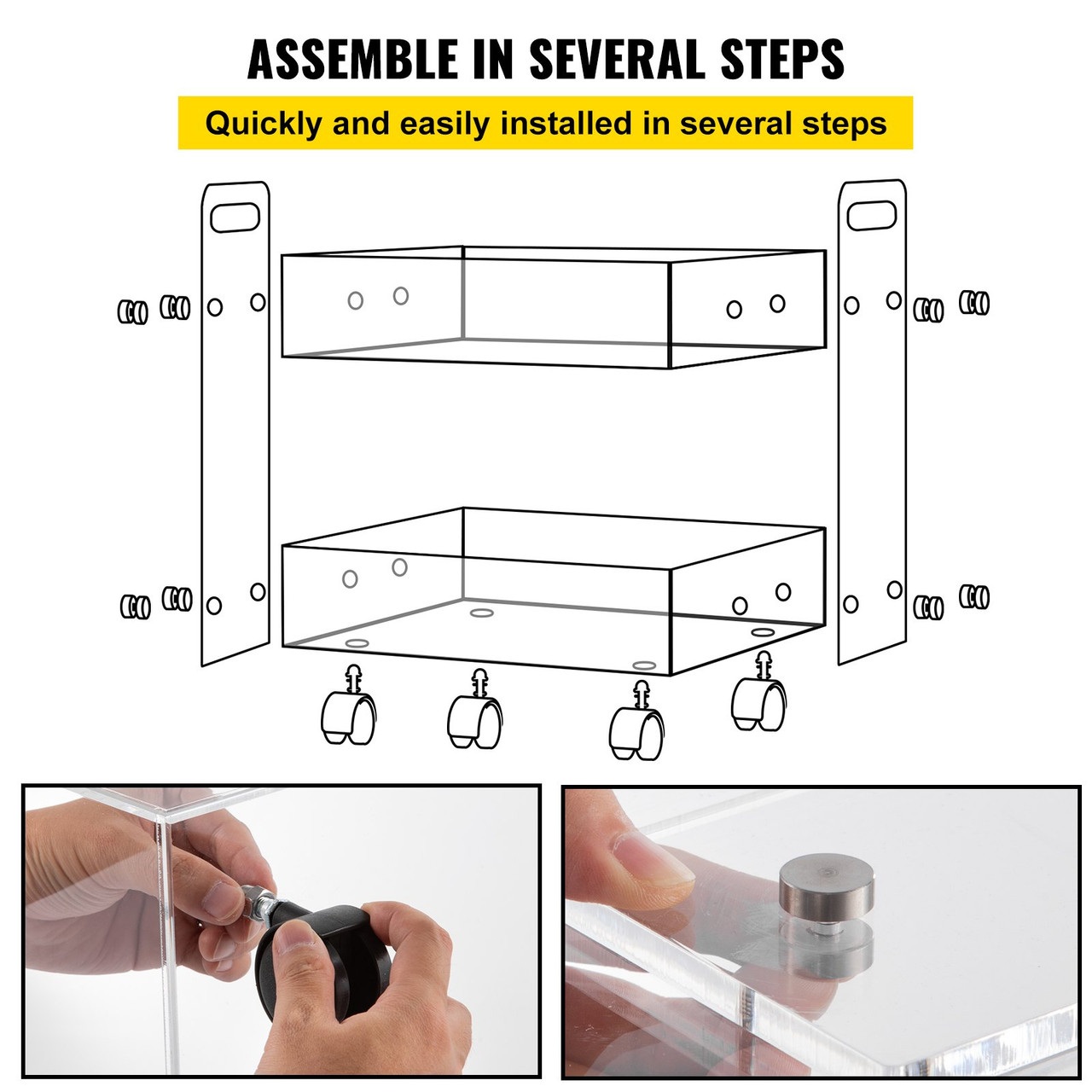 Acrylic Cart, 2 Tier, 0.3 in Thickened Board, Holds Up to 66 lbs, Acrylic Side Table with Lockable Swivel Wheels, for Office School Home, 13.4" x 15.7" x 19"