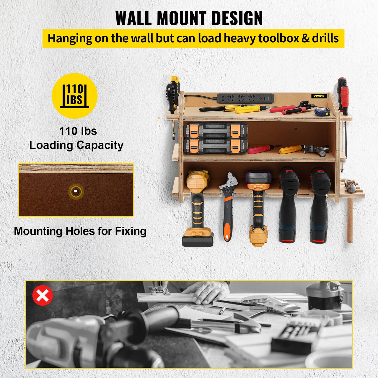 Power Tool Organizer, Wall Mounted Drill Holder, 5 Drill Hanging