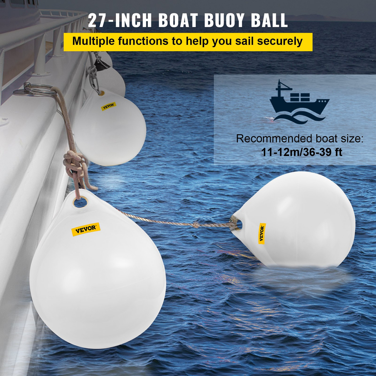 Boat Buoy Ball, 27" Diameter Inflatable Heavy-Duty Marine-Grade Vinyl Marker Buoy, Round Boat Mooring Buoy, Anchoring, Rafting, Marking, Fishing, White