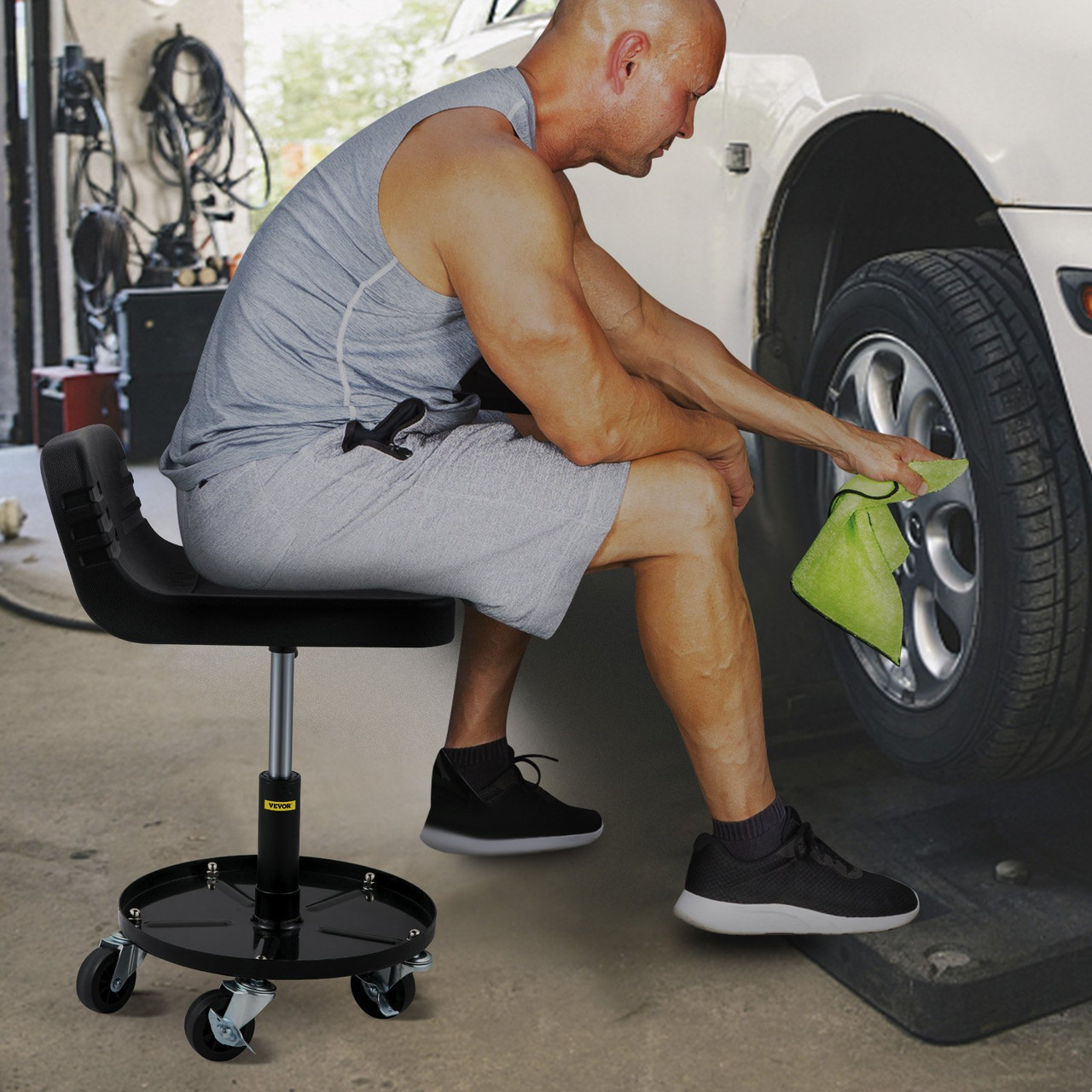 Rolling Garage Stool, 300LBS Capacity, Adjustable Height from 15.7 in to 20.5 in, Mechanic Seat with 360-degree Swivel Wheels and Tool Tray, for