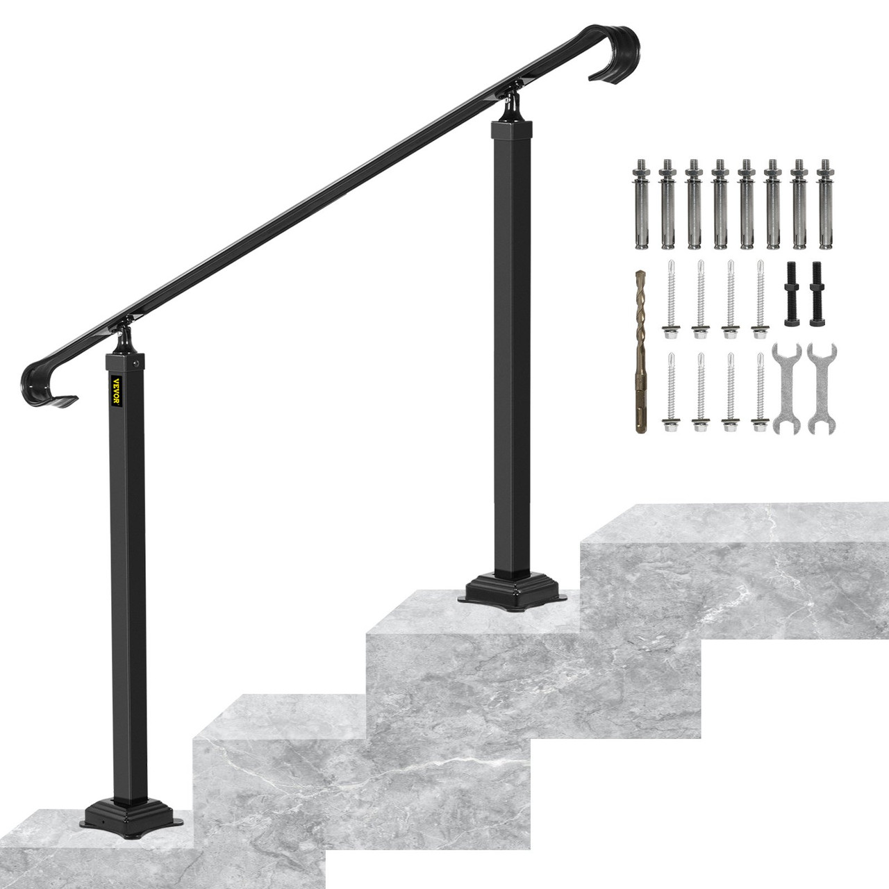 Handrails for Outdoor Steps, Fit 1-3 Steps Outdoor Stair Railing, Wrought Iron Handrail, Adjustable Front Porch Hand Rail, Black Transitional Hand railings for Concrete Steps or Wooden Stairs