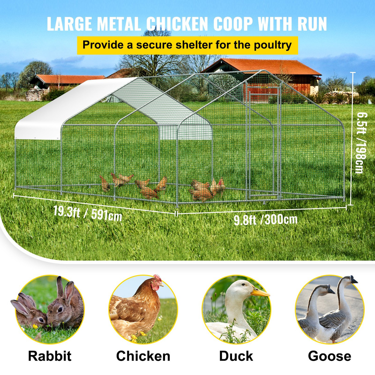 Large Metal Chicken Coop with Run, Walk in Chicken Run for Yard with Waterproof Cover, Outdoor Poultry Cage Hen House, 19.3x9.8x6.5ft Large Space for